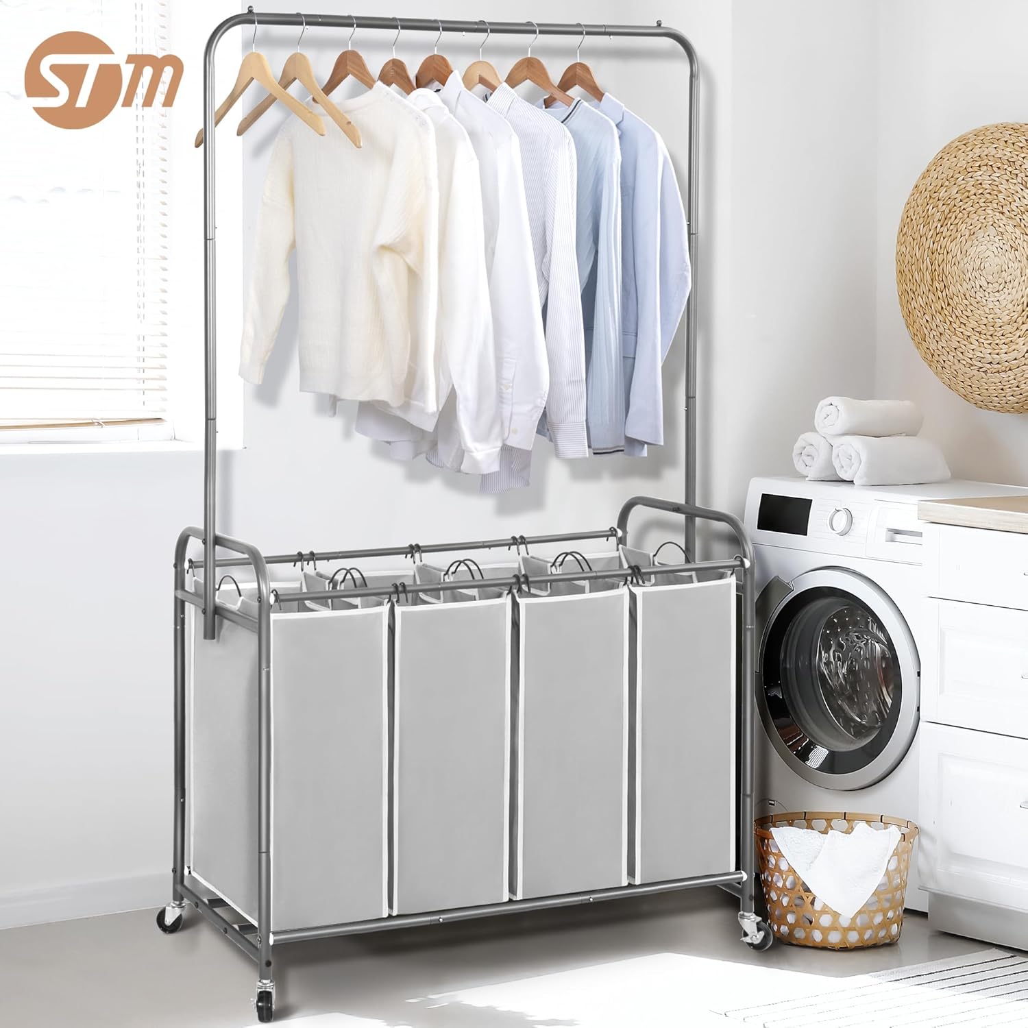 STORAGE MANIAC Laundry Sorter with Hanging Bar, Portable, Removable Laundry Hamper Cart with Heavy Duty Rolling Lockable Wheels and Removable Bags, Rolling Laundry Basket Organizer 181L, 4 Section
