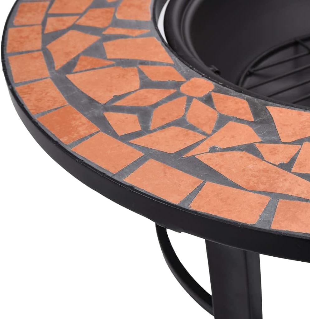 Mosaic Fire Pit Terracotta Steel Fire Pit Bowl with Grid and Tabletop for Outdoor Heating and BBQ Use 26.8
