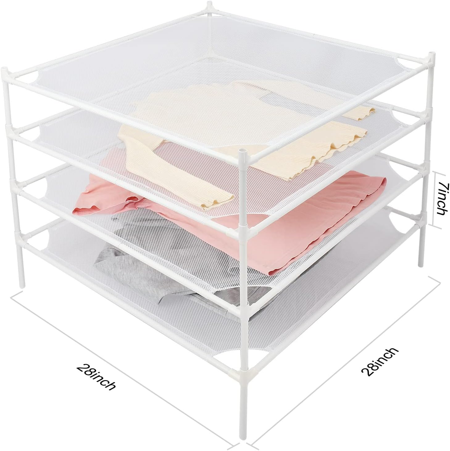 Sweater Drying Rack Flat, Metal Tube Mesh Clothes Drying Rack for Laundry with Rubber Feet, Stackable Laundry Clothing Dryer Rack for Art, Clothes, Indoor & Outdoor, White, 4-Layer