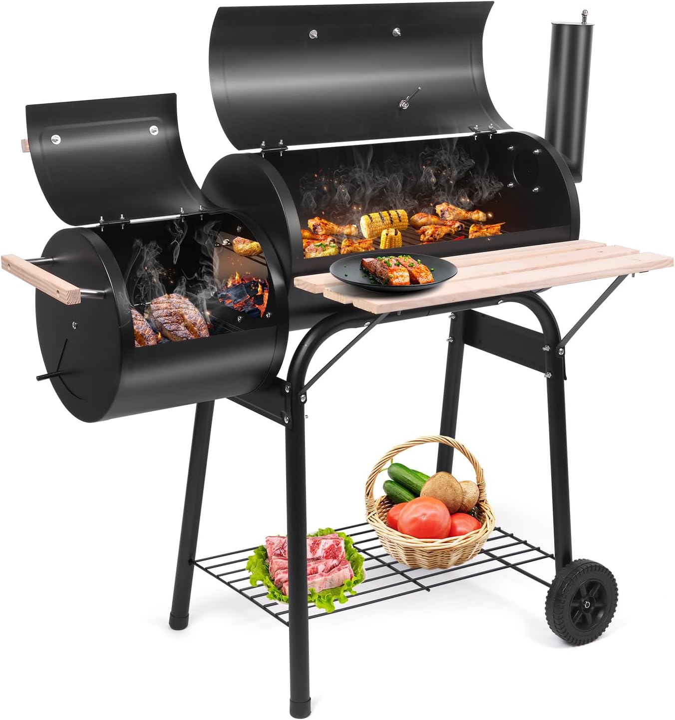Outvita Charcoal Grill and Offset Smoker, Outdoor Patio Barbecue Cooker with Wheels, Portable Backyard BBQ Oven with Side Fire Box for Camping, Picnic, Party