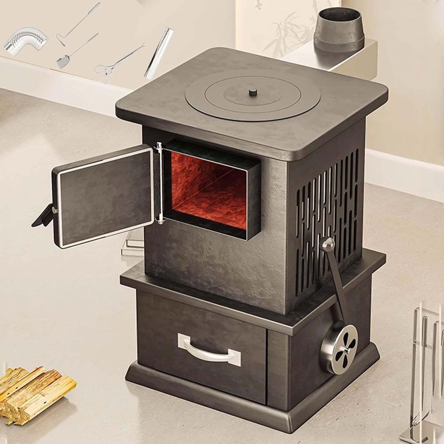 Outdoor Stove Portable Camping Stove Cast Iron Construction Side Vent Design Includes Fire Shovel, Fire Hook, and Fire Tongs for Everyday Cooking and Home Heating Wood Stoves