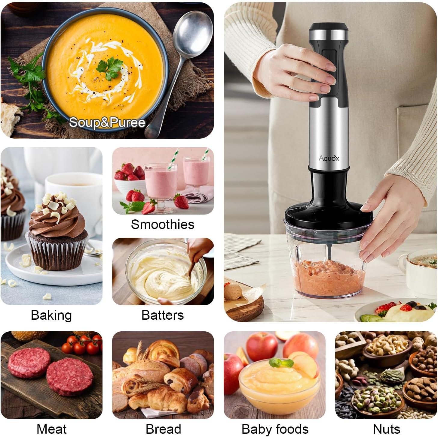 Immersion Blender 5 in 1 Handheld Blender 1500W, 20 Speed Mode&Turbo Boost, Heavy Duty Motor Electric Hand Blender with Chopper, Whisk, Frother, Beaker, for Baby Food, Sauce, Soup, Aquox
