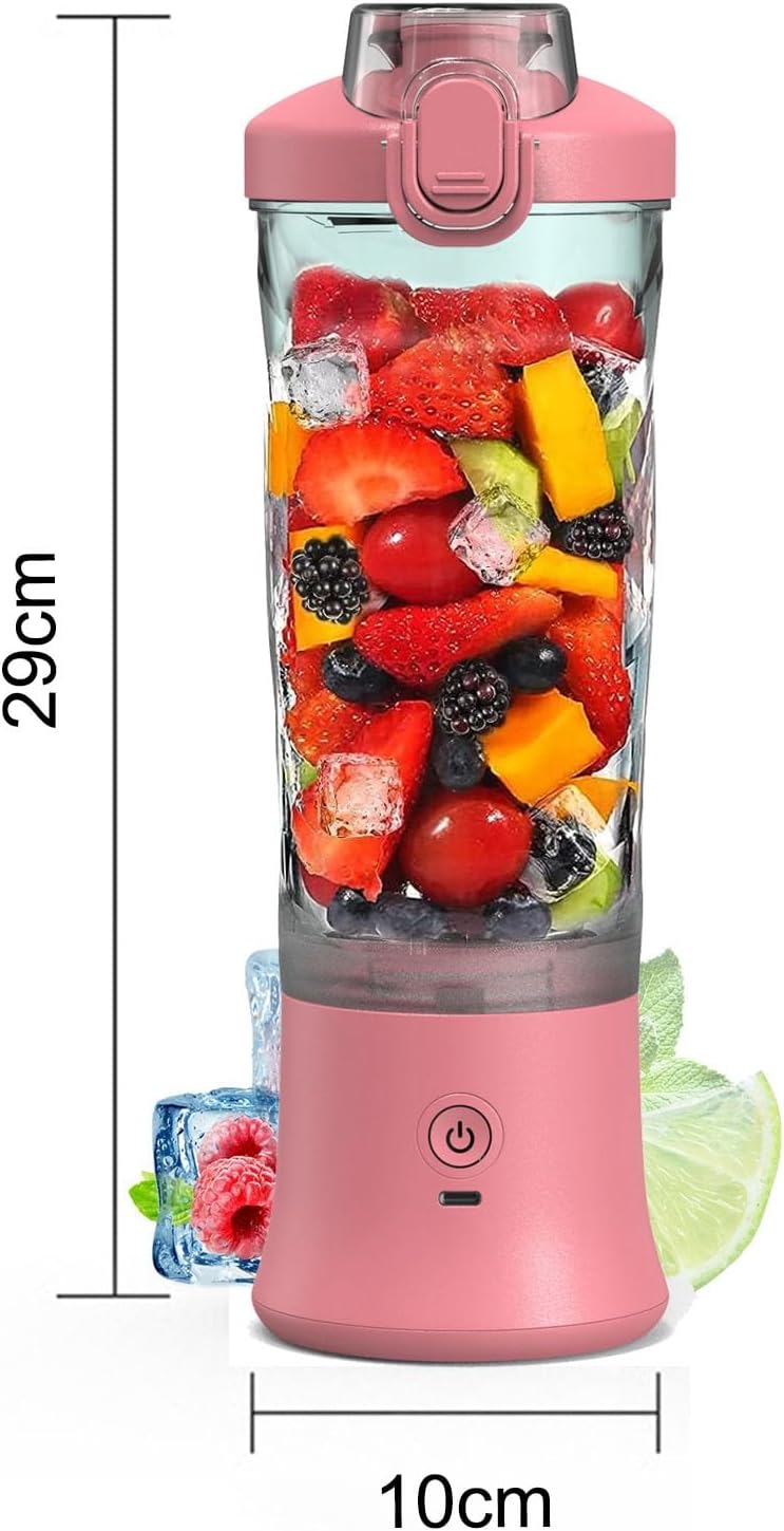 TARSHYRY Blender Smoothie Maker, Mini Stand Mixer Portable for Shakes and Smoothies with 6 Blades Stainless Steel Starter with Travel Lid,600 ml Bottle for Kitchen, Home, Travel (Pink)