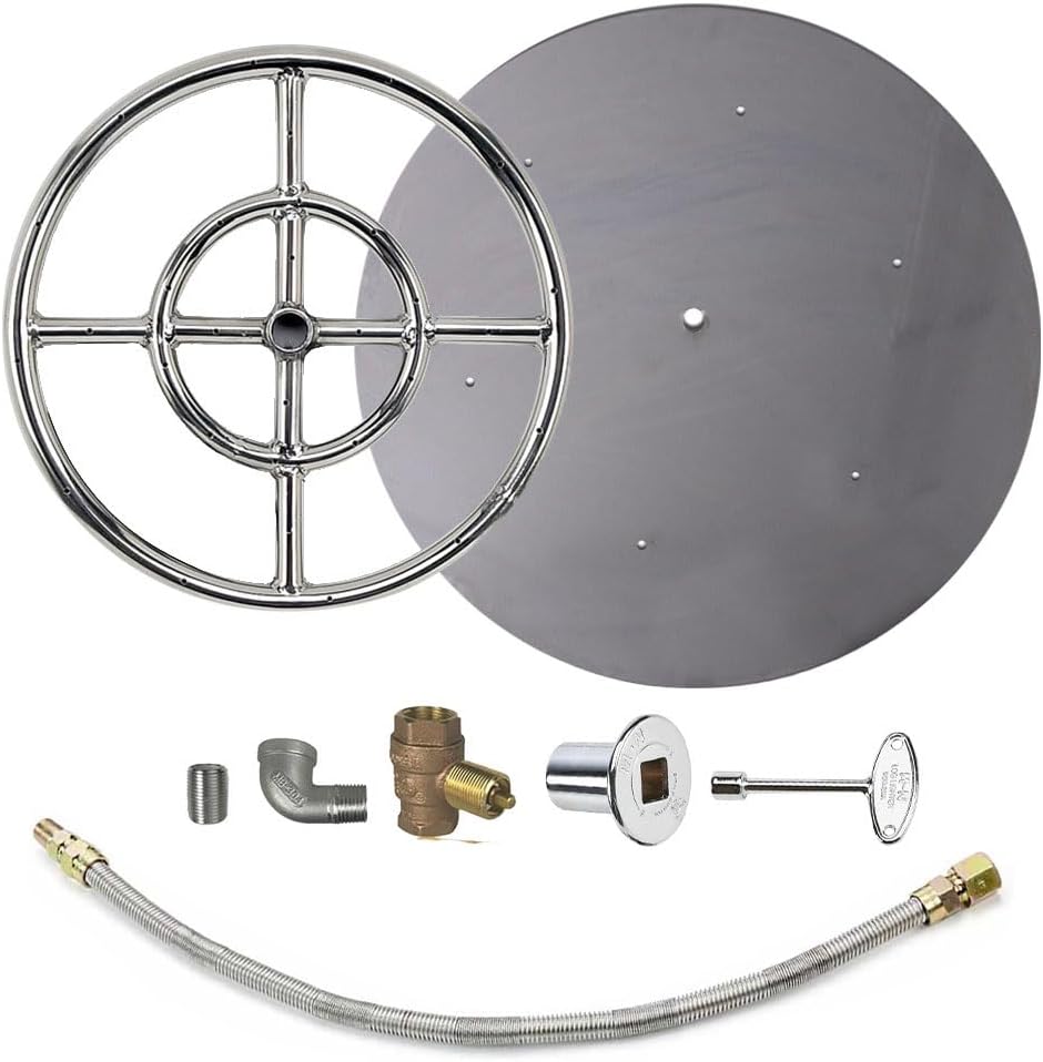 AFG Match Lit Fire Pit Burner Kit (SS-FR-12KIT-PAN-NG-MSCB), Round, 12-Inch Burner, 18-Inch Flat Pan, Propane, Polished Chrome, with Flange, Key, Valve, Flex Line and Fittings