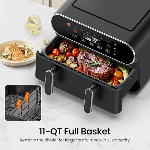TOPZEE 11-QT Large Air Fryer - 8 in 1 XL Airfryer with Flex Basket, Divider for Dual Cooking, Preheat, Air Fry, Roast, Broil, Bake, Reheat, Dehydrate, French Fries, Dishwasher Safe, Black