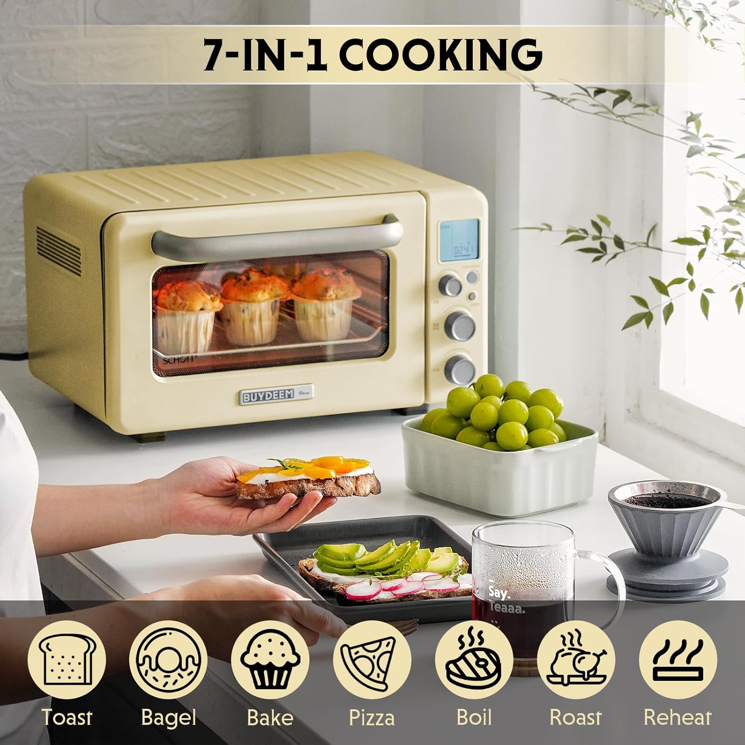 BUYDEEM T103 Countertop Toaster Oven 12QT, No Pre-Heat Needed, 7 Cooking Modes, Retro Mini Toaster Oven with Grill Rack and Baking Tray, Mellow Yellow