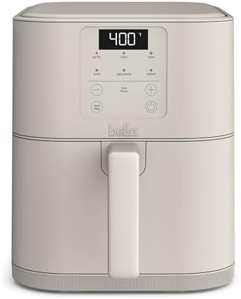 bella 6 Qt Slim Air Fryer, Fits-anywhere™ Kitchenware, EverGood™ Ceramic Nonstick Coating, Adjustable Temperature, 6 Preset Cooking Options, 60 Min Auto Shutoff w Audible Tone, 5lb Capacity, Oatmilk