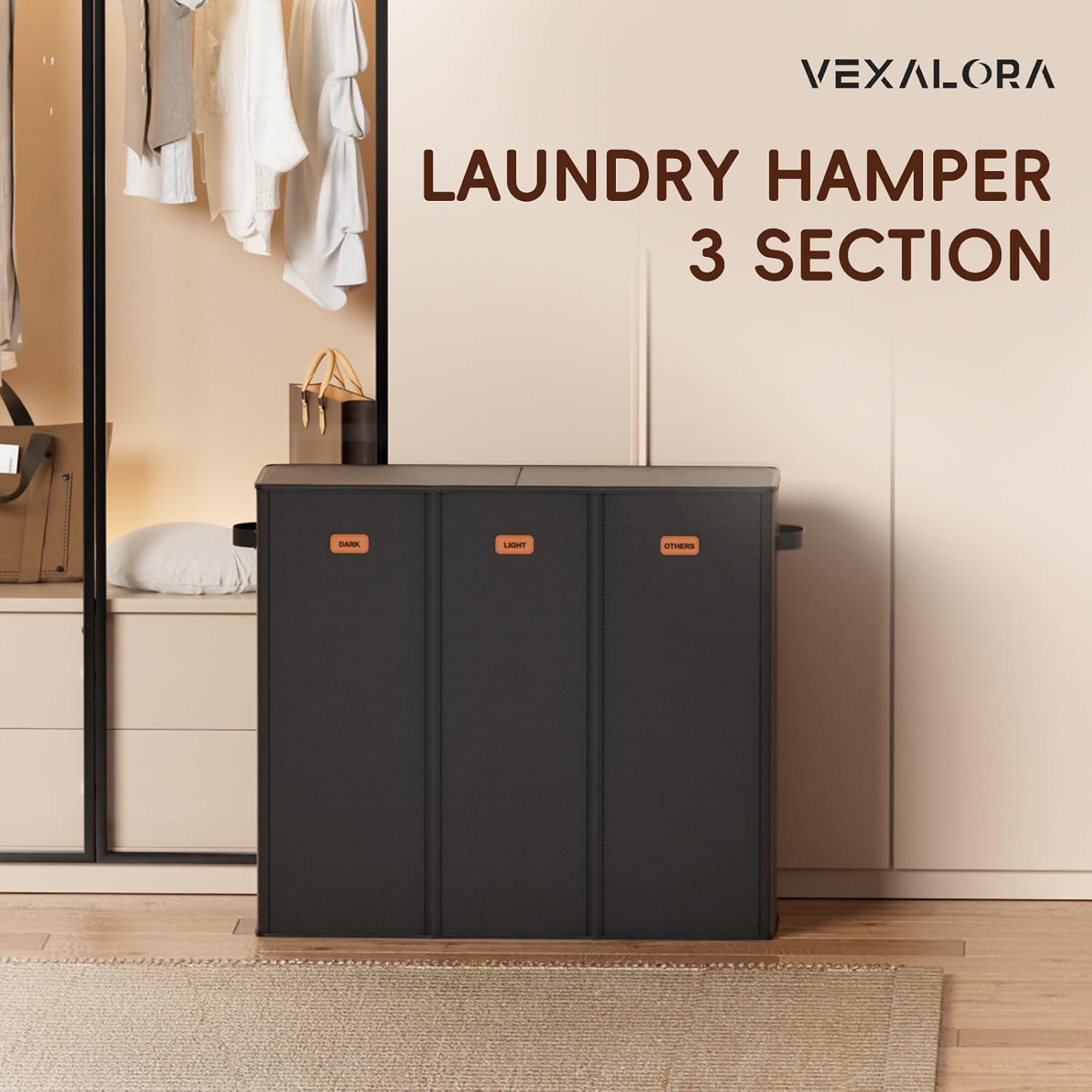 185L Laundry Hamper 3 Section, Laundry Hamper with Lid, Dirty Clothes Hamper with 3 Removable Washing Bags, Extra Large Laundry Basket Organizer for Bedroom, Laundry Room, Dorm - Black