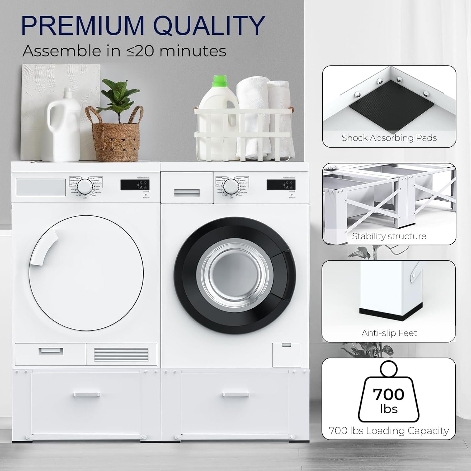 2 Pack Laundry Pedestals with Drawer, 29'' x 29'' x14.3'', Heavy-Duty Steel, Washing Machine Base Stand, Dryer Base Platform, Capable of Supporting 700 lbs, White