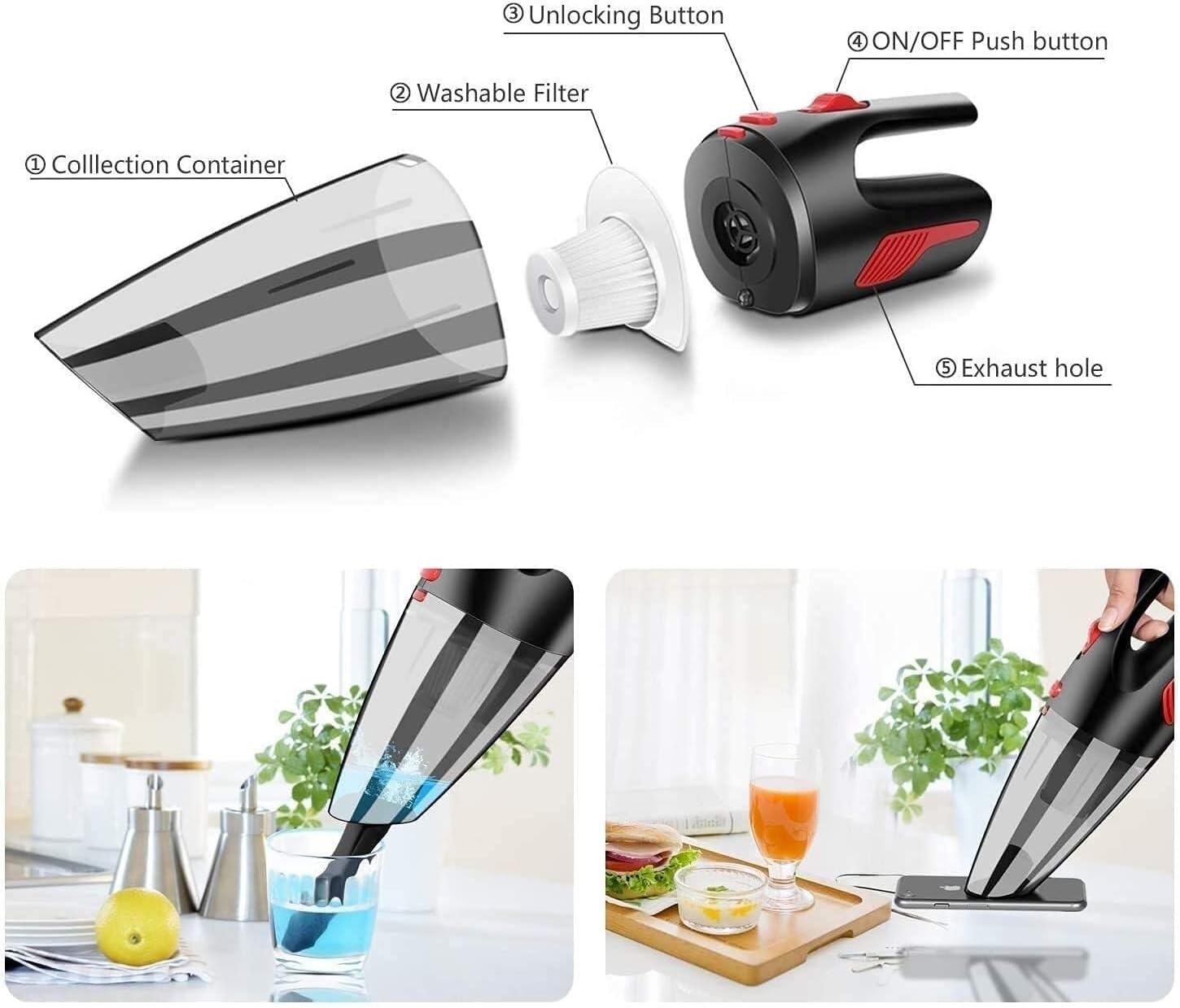 Handheld Vacuum Cordless, Handheld Vacuum Cordless, Wet Dry Vacuum Cleaner, Cyclone Hand Vacuum Cleaner Cordless for Car & Home, Rechargeable, 2200mAh,