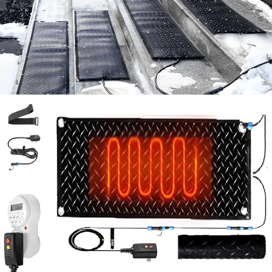 Heated Snow Melting Mats with Timer, 1/2/3/4/5 Pcs Non Slip Rubber Heated Mat,Winter Snow and Ice Melting Mat for Outdoor Stairs,Steps,Doorways,Walkways,Driveway(1 Pcs-12x24in/(30x60cm))