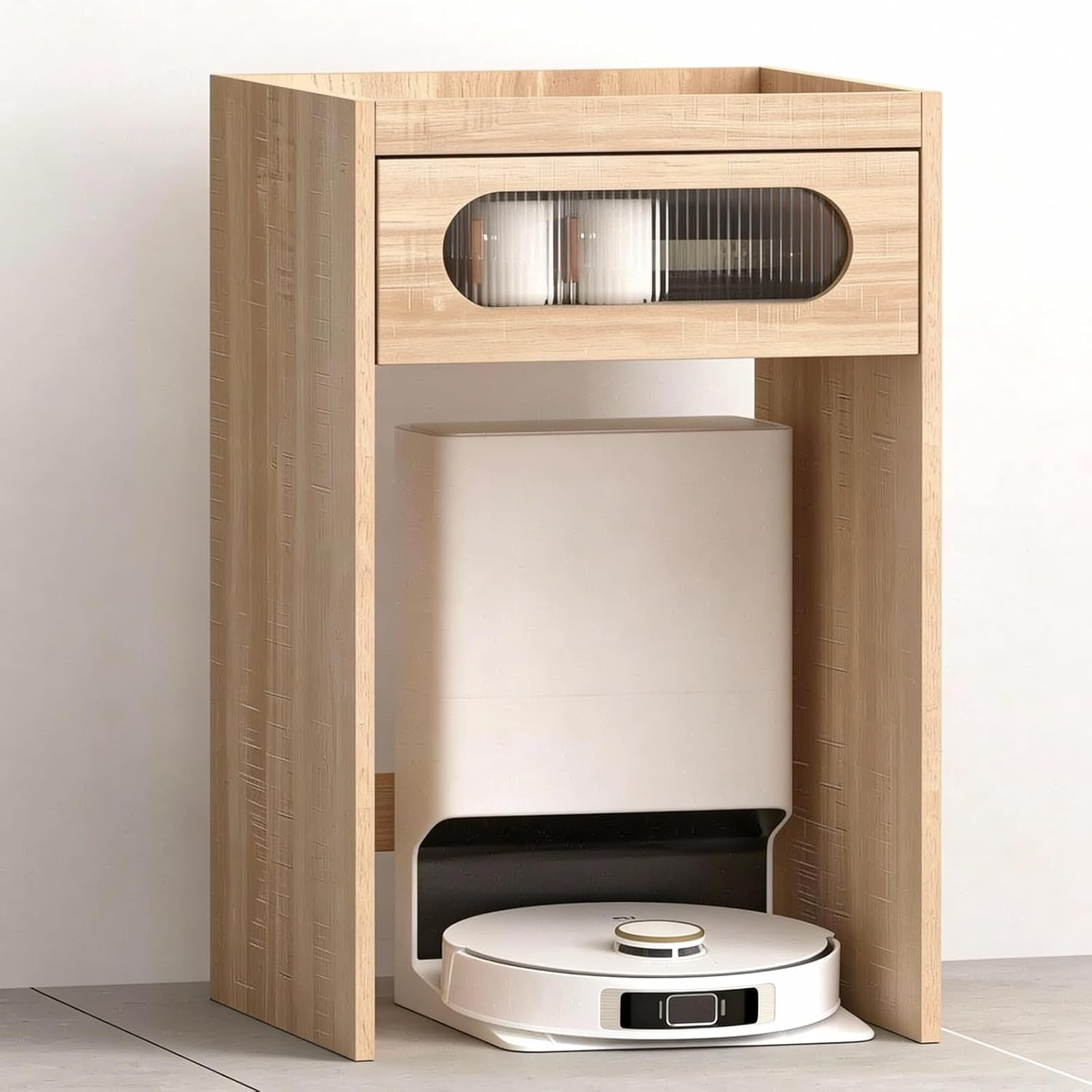 Robot Vacuum Storage Cabinet, Sweeping Robot Storage Rack with Acrylic Doors, Wood Household End Table to Hide Robot Vacuum for Living Room(Yellow,75x45cm/29.5x17.7in)