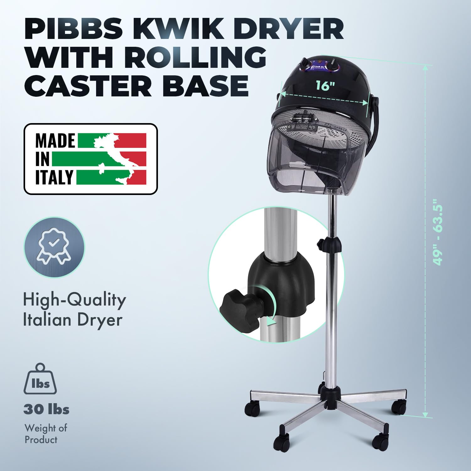 Pibbs 514 Kwik Dri 1100W Professional Salon Hair Dryer with Timer, Temp Control, Adjustable Height & Head, Rolling Caster Base, Flip-Top Visor, CE Certified, Made in Italy, Black, PIB-514
