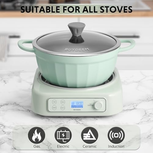 BUYDEEM CP152 Cast Aluminum Nonstick Stockpot, All Stovetops Ovens Microwaves Compatible, Dishwasher Safe, Cozy Greenish, 4.7QT
