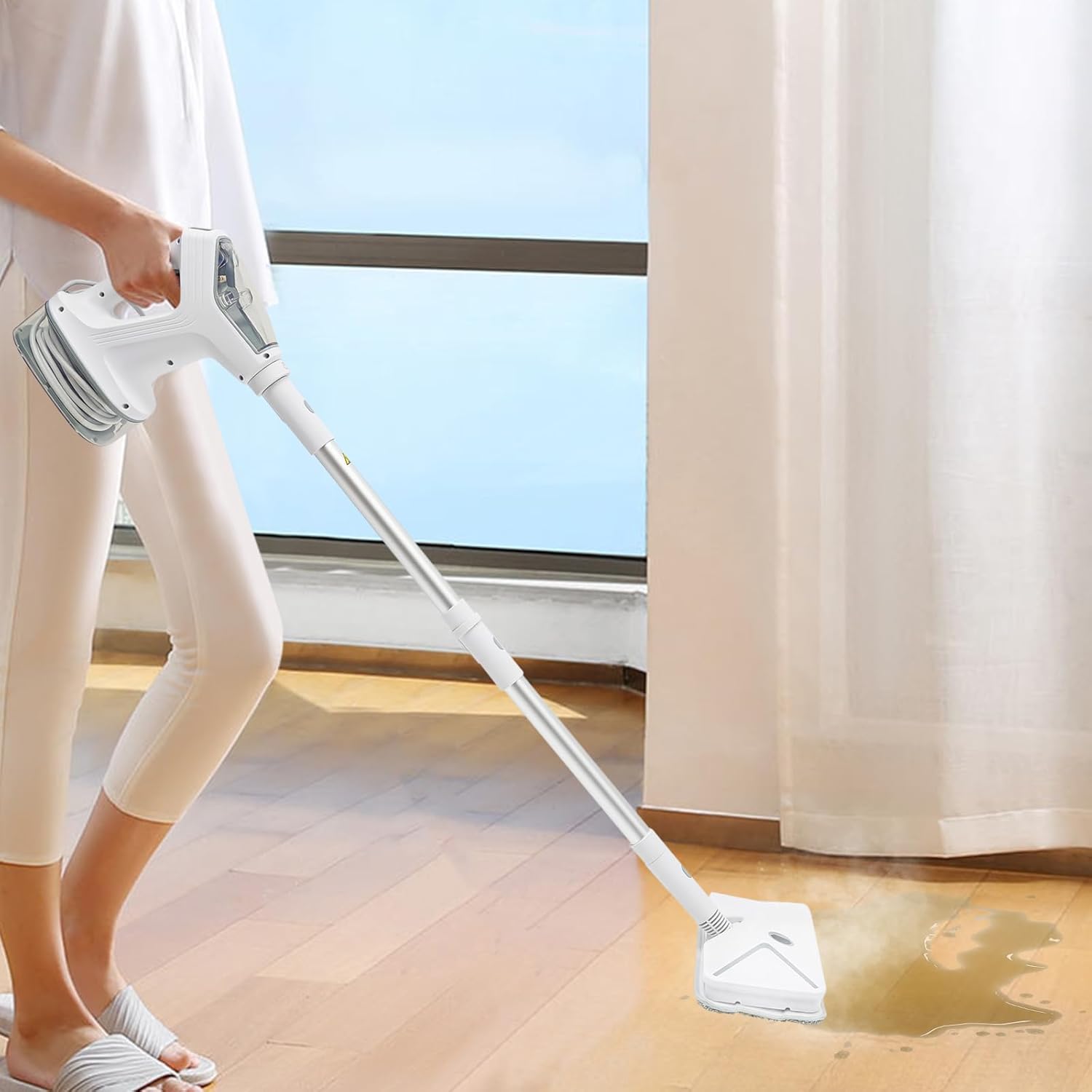 Steam Mop Cleaner 1300W Electric Steam Mop with Cord Wrap Box and Clean Kit, 2 Steam Levels Adjustable Handheld Steam Cleaner for Living Room Kitchen Bedroom White+Silver 120V 140°C