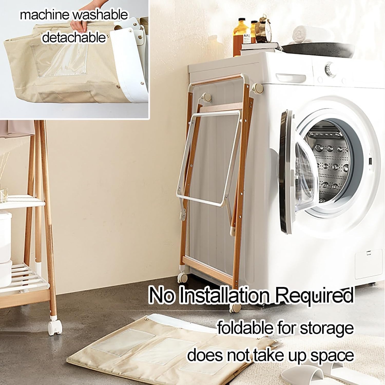 Foldable 3-Section Laundry Hamper with Wheels, Removable Machine Washable Bags, Triangular Frame Laundry Sorter(Beige)
