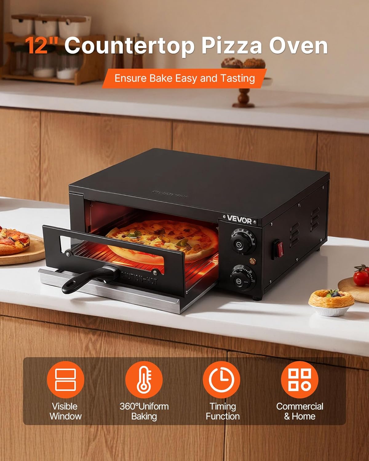 VEVOR Electric Pizza Oven, 12 in Countertop Pizza Oven, 77 to 572°F Temp Range, 1450W Indoor Pizzas Maker w/Timing & Temp Control, Pizzas Cooker w/Dual Heat Tube, Grill Rack, for Kitchen & Commercial