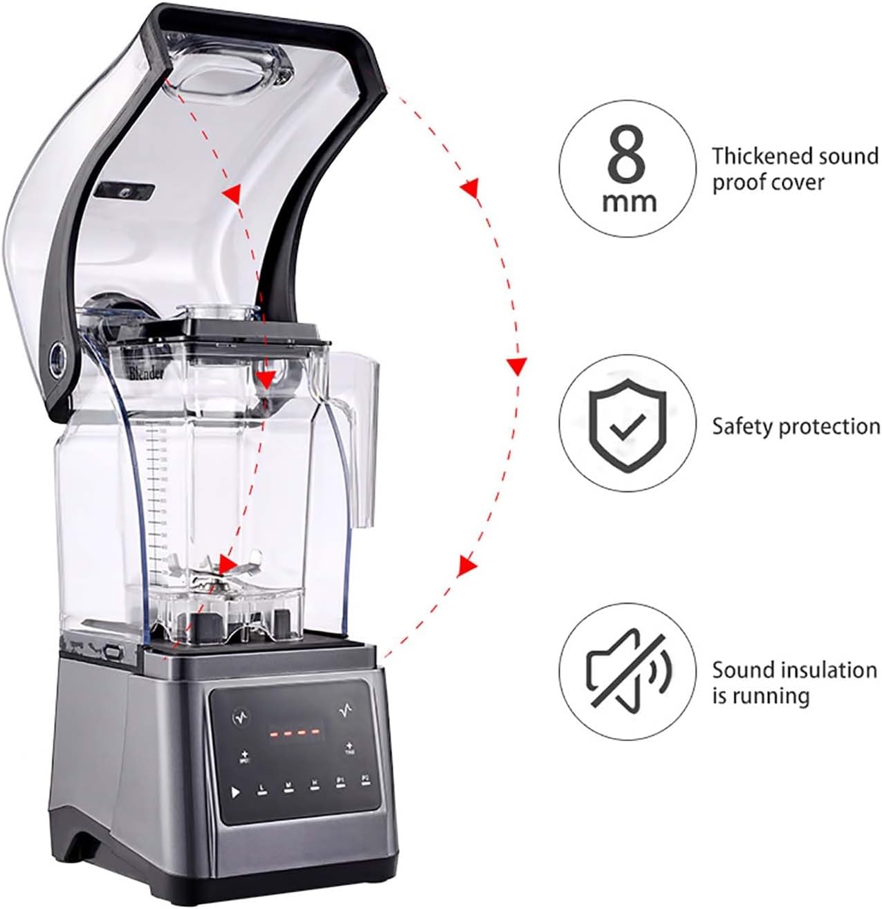 Commercial Blender Smoothie Maker, 1.6L Blender with Soundproof Shield, With Timing Function, Adjustable Speed and Time, for Crushing Ice, Smoothie, Puree, Bar Coffee Shop