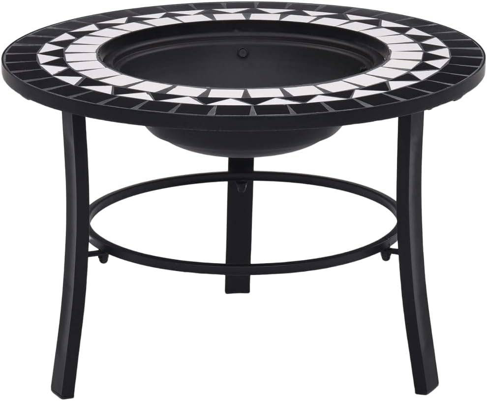 Mosaic Fire Pit, BBQ Grill, Heat Radiator Made of Resistant Steel and Ceramic, Suitable for Burning Wood, Logs, Charcoal, Black and White 26.8