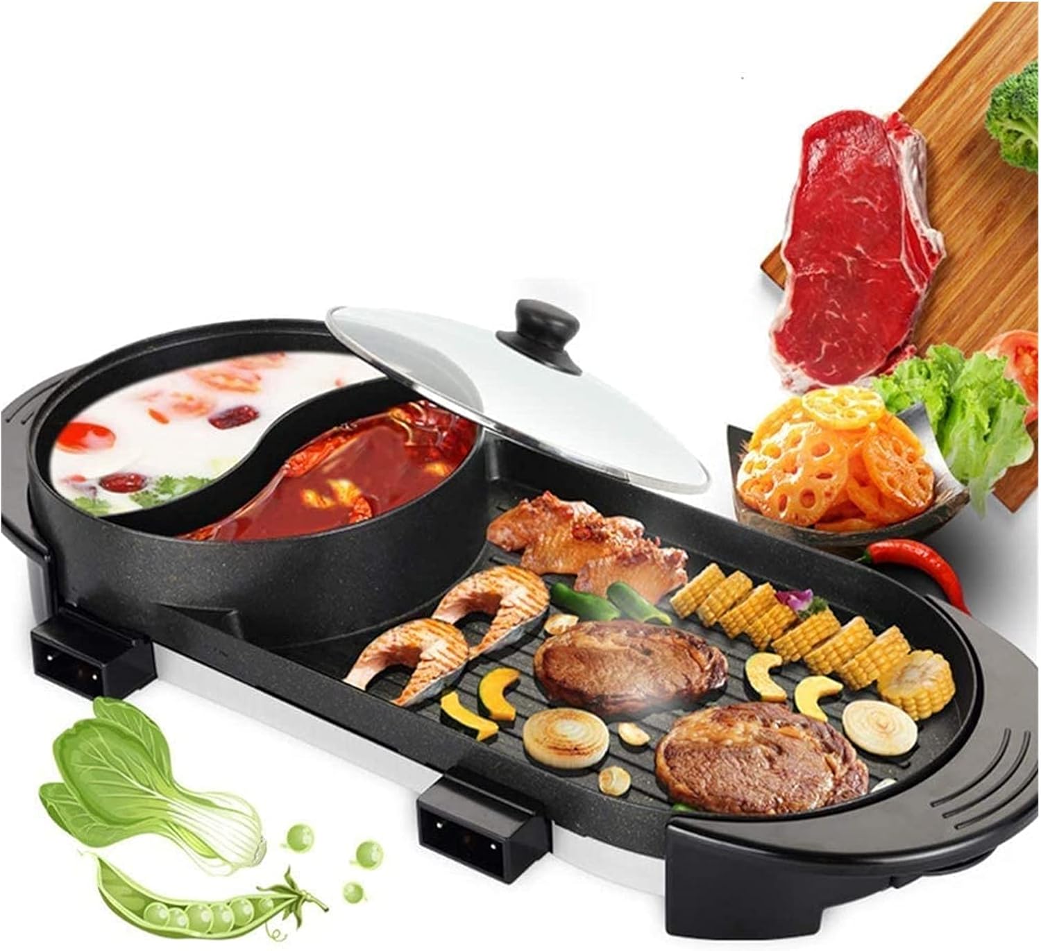 2 in 1 Electric Barbecue Hot Pot Double Baking Cooking, Large Capacity Household for 2-12 Persons, Non-Stick Coating and Speedy Heat Up for Family Outdoor Garden Camping Grill BBQ Utensil