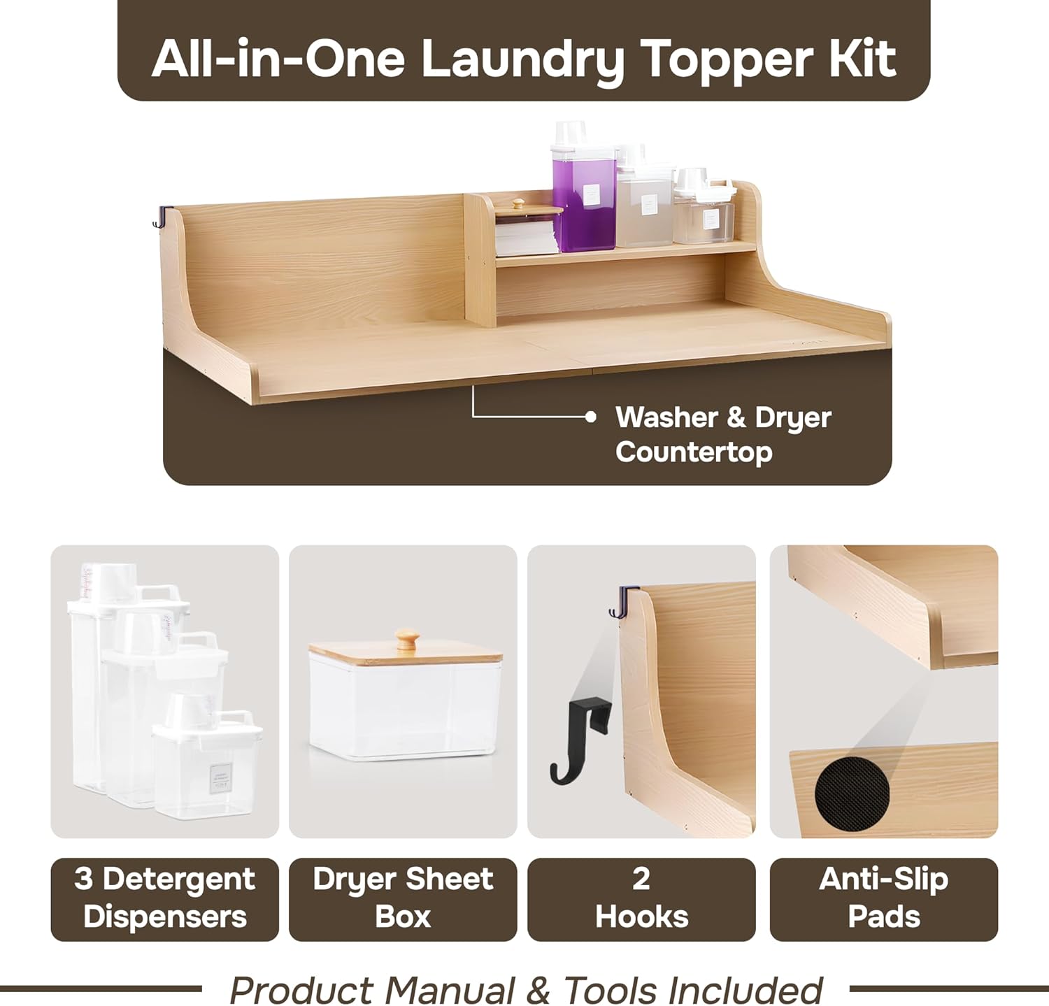 SOBHI | Washer and Dryer Countertop with Laundry Accessories | 54″ x 27″ Laundry Room Organization and Storage Topper | 3 Detergent Dispensers, Dryer Sheet Box, Hooks & Anti-Slip Pads, Oak Wood Finish
