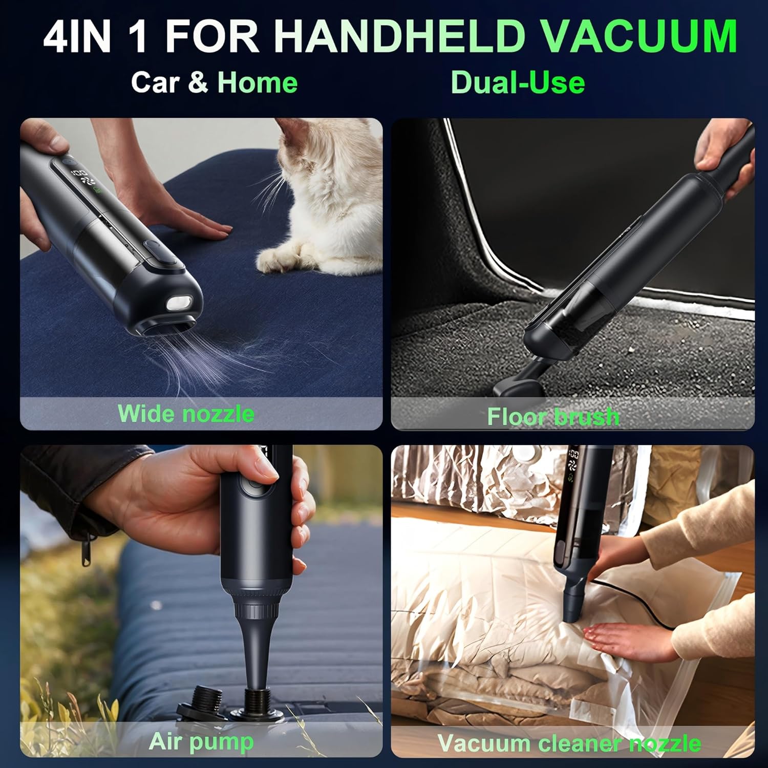 Car Vacuum, Handheld Cordless Vacuum 19000Pa, 4-in-1 Mini Portable Cleaner with Green LED Detection Light, 2 Modes for Car, Home, Office, Desk & Keyboards, Rechargeable, Washable Filter