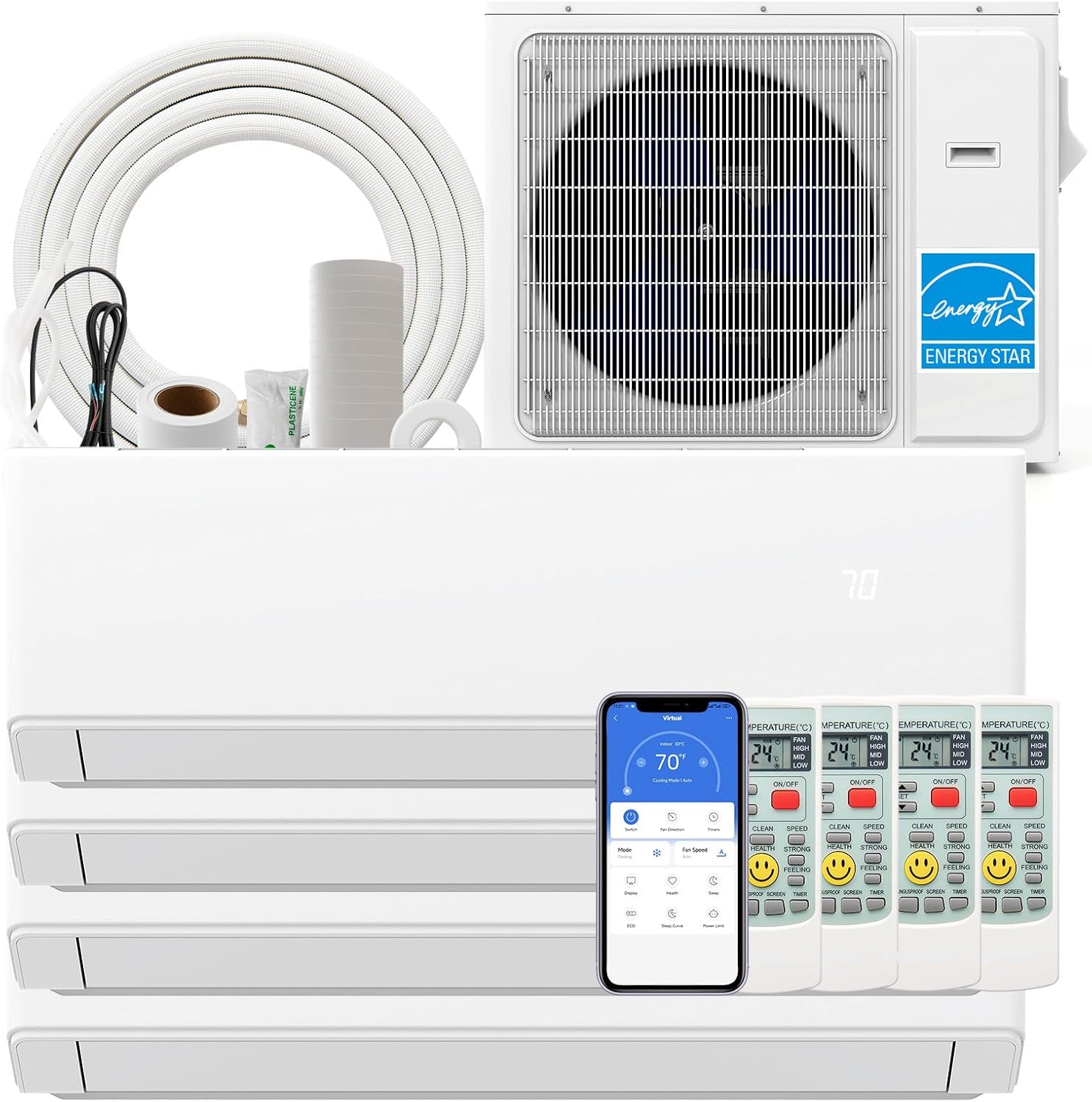 SIMOE 30000 BTU Quad 4 Zone, Installation Kit, Mini Split Air Conditioner, 23 SEER2, 7000+7000+7000+12000 BTU, Ductless, 208-230V, Wifi-Enabled Multi Zones Mini Split AC Heat Pump Full Set