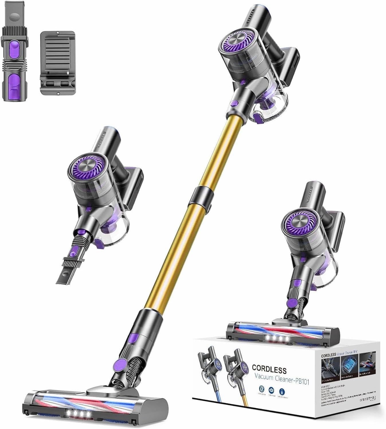 Cordless Vacuum Cleaner, Vacuum Cleaner for Home with 80000 RPM High-Speed Brushless Motor, Up to 40 Mins Runtime, 2 Adjustable Suction, Anti-Tangle, Lightweight Stick Vacuum for Hard Floor (Yellow)