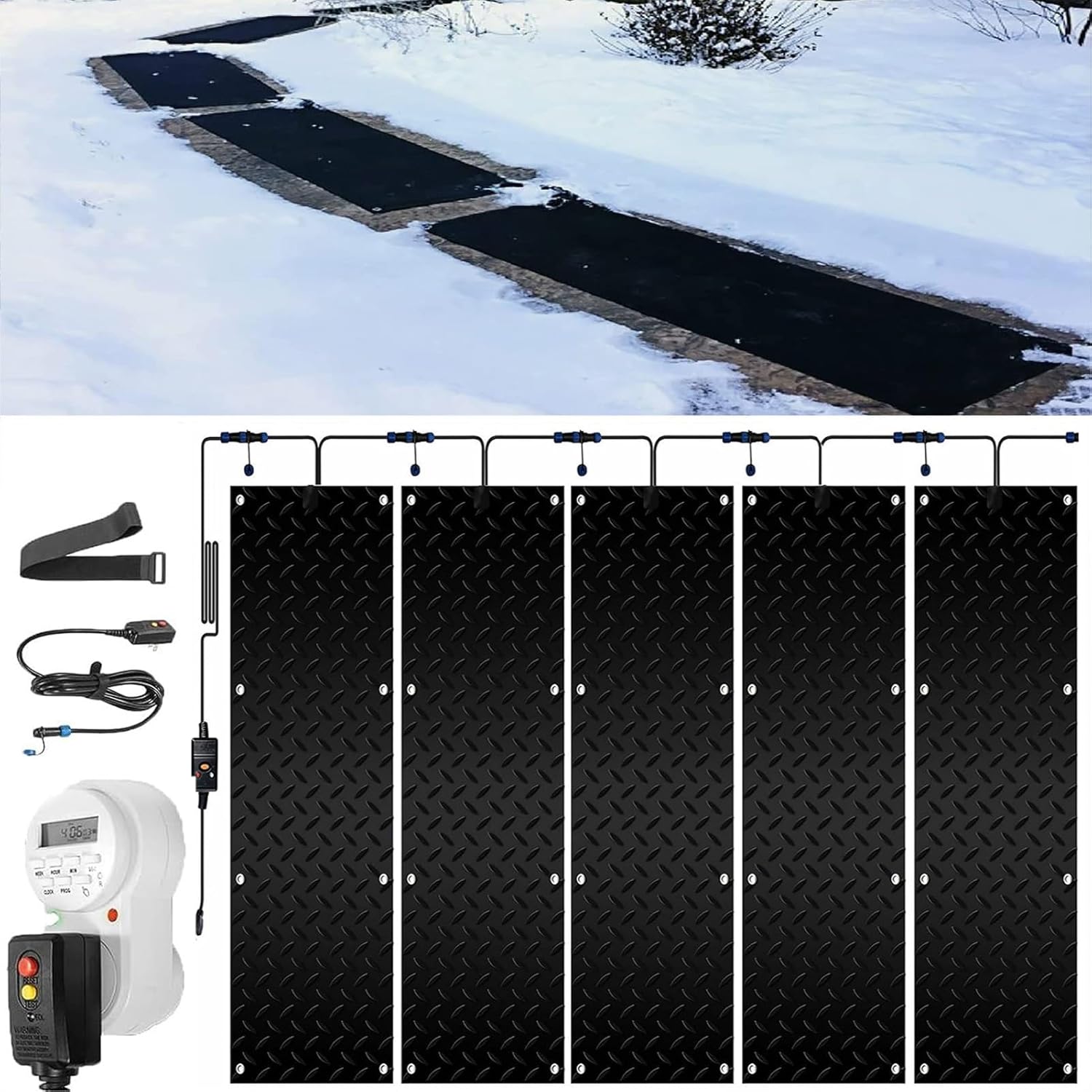 Heated Snow Melting Mats with Timer, 1/2/3/4/5 Pcs Outdoor Slip Proof Ice Heated Rubber Mat for Driveway Walkway Decks and Sidewalks Connection with 9.84 ft Power Cord for Winter(5 Pcs,12x48in