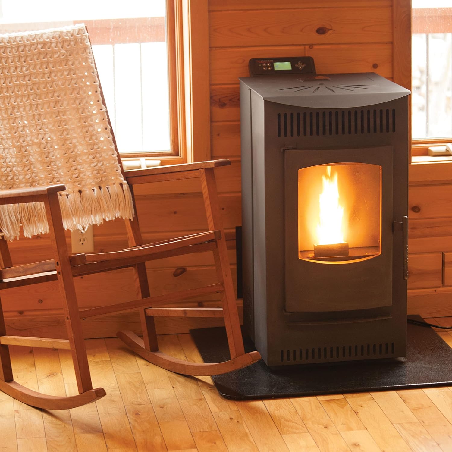 Castle Wood Pellet Stove Serenity 12327 Indoor Heating Temperature Control, Free Standing with Flame Window and Smart Controler, 18- ¼”W x 34”H x 23 ¾”D