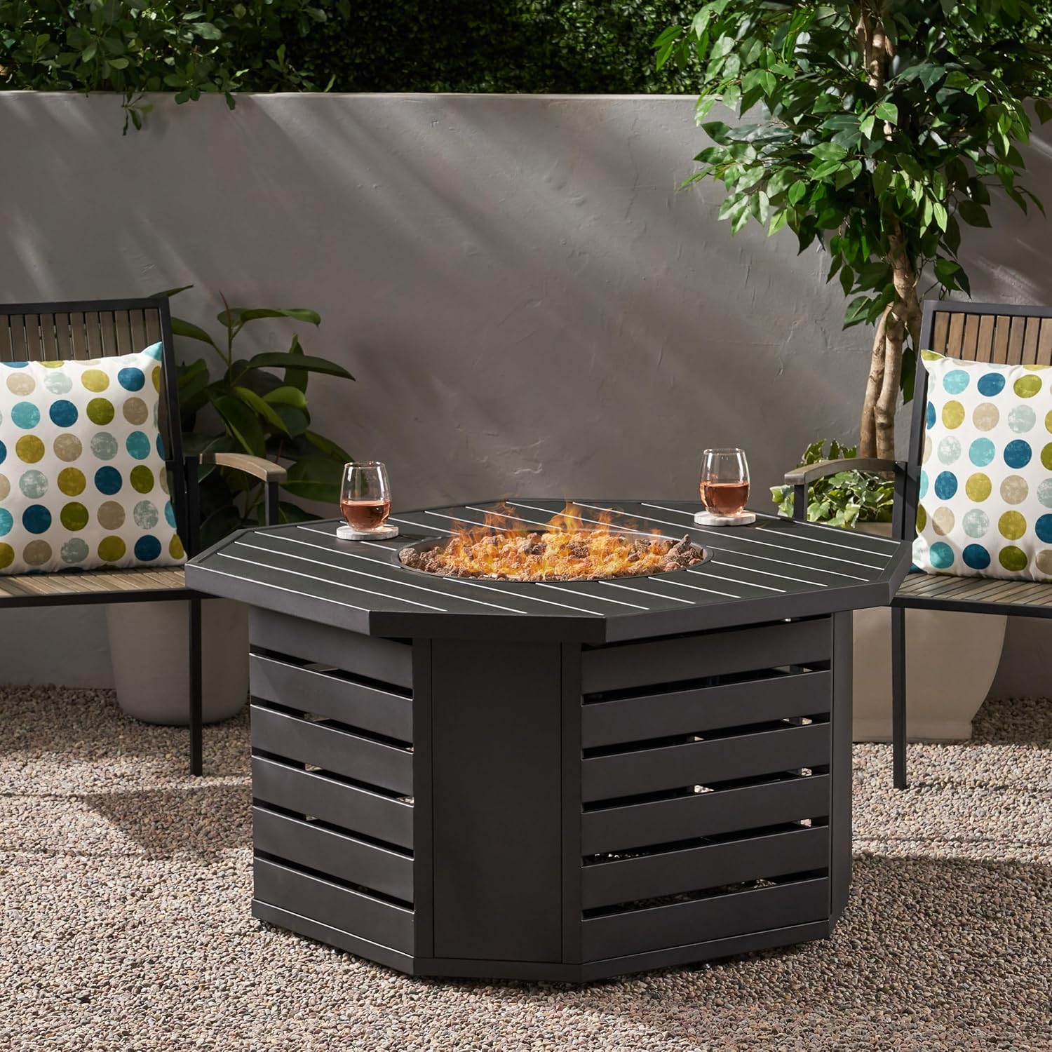 50000 BTU Octagon Propane Fire Pit Table, Outdoor Iron Gas Fire Pit with Rust-Resistant Coating & Built-in Tank Storage, 45