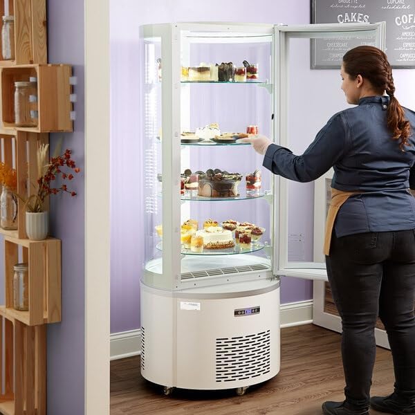 Commercial Glass Display Refrigerator, White Circular Design, 10.5 Cu Ft, LED Lighting, 4 Chrome Shelves, 33-40°F Temperature Range, 24.8x27.2x68.9 Inches