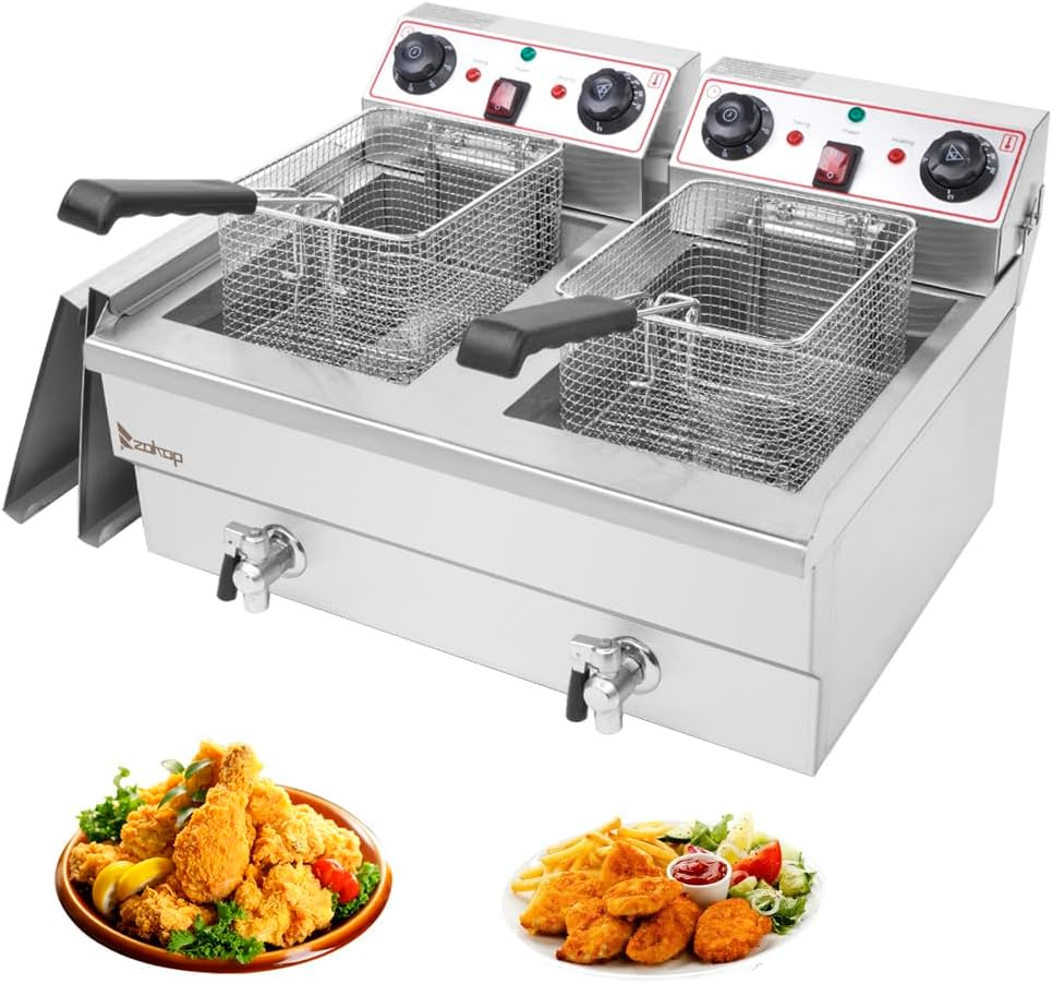 25QT/23.6L Commercial Deep Fryer with Basket and Lid, 3400W Electric Fryer with Adjustable Temperature & Timer, Stainless Steel Countertop Oil Fryers for French Fries, Onion Rings, Donuts