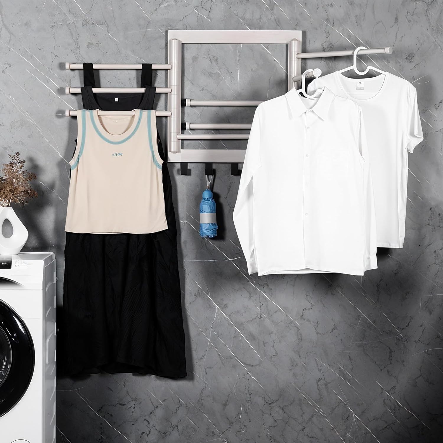 Wall Mounted Drying Rack - Clothes Drying Rack Wall Mounted for Laundry - 20 INCH - with 5 Hooks and 8 arms - 80 lbs Capacity - White Bamboo