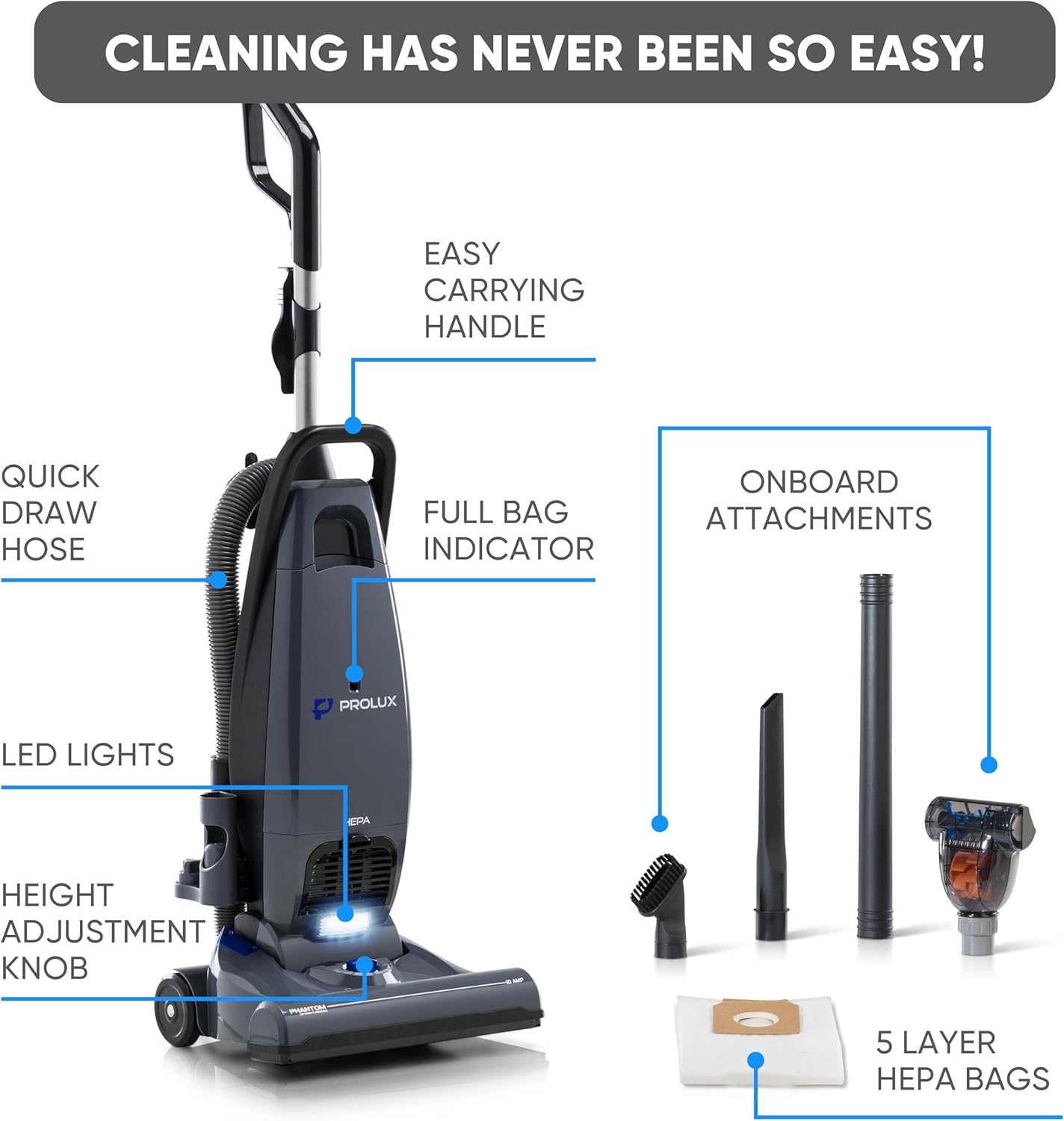 Prolux Phantom Bagged Upright Sealed HEPA Pet Vacuum Cleaner for Home