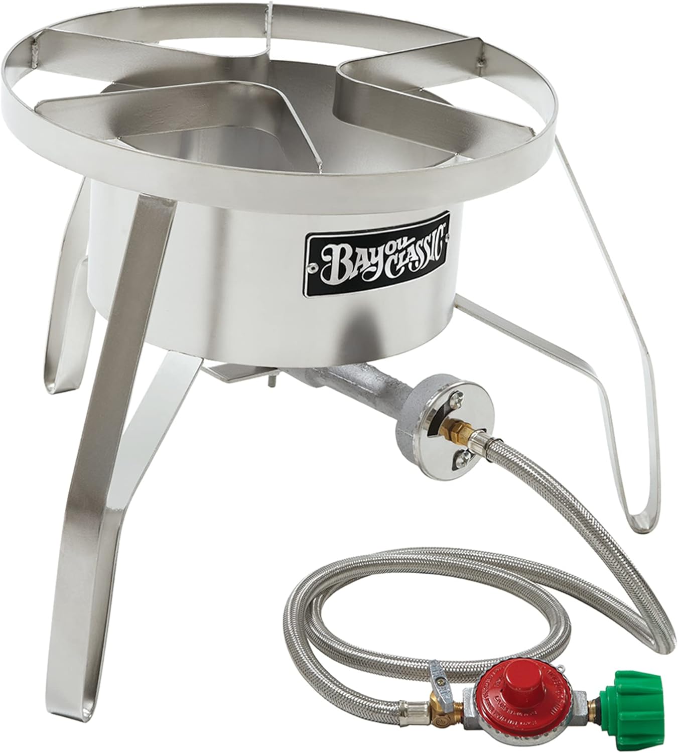 Bayou Classic SS10 14-in Stainless High Pressure Cooker Features 14-in Cooking Surface 12.5-in Tall Welded Frame 10-psi Pre-Set Regulator w/ 48-in Stainless Braided Hose