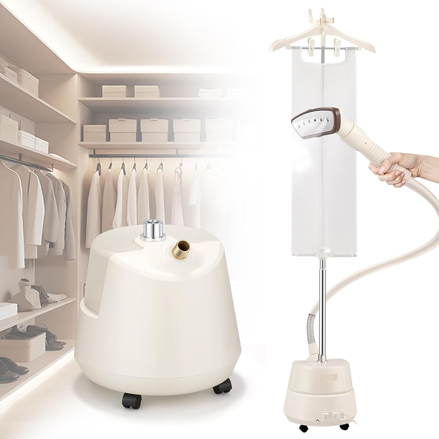 CGOLDENWALL Commercial Upgraded Standing Garment Steamer for Clothes with Drain Port 1650w Continuous 70 mins Powerful Steam 30s Fast Heat-up,Include Fabric brush, Ironing pad, Gloves,Trouser Clips