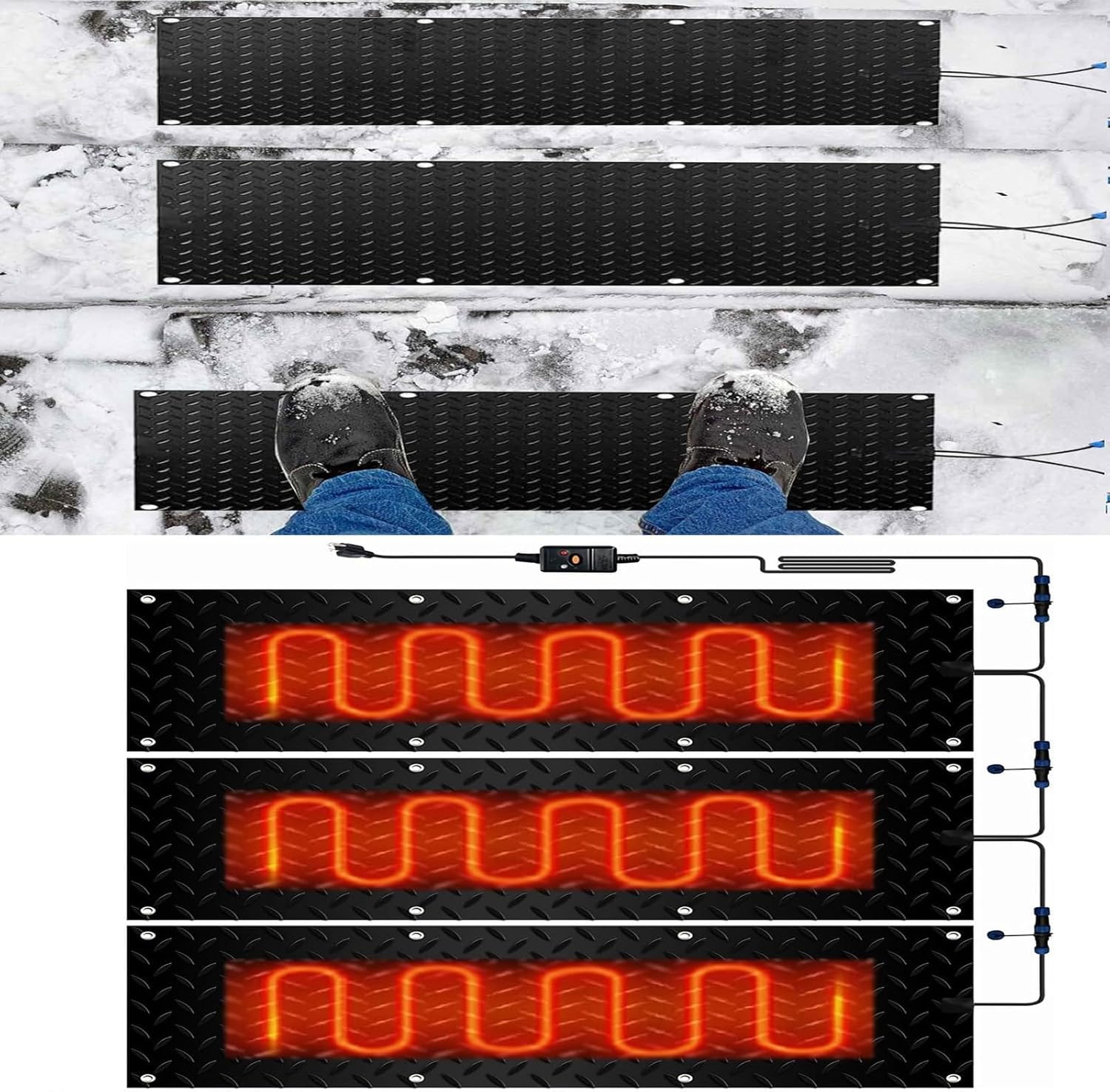 Snow Melting mats Outdoor Driveway, PVC Heated Snow and Ice Melting Mat, w/Power Cord, Slip-Proof Design for Extra Traction, Winter Outdoor Snow Mat,3 Pcs-25.4x76.2cm/10x30in