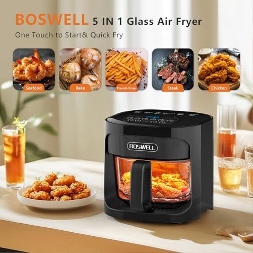BOSWELL Glass Air Fryer, 4.5QT Transparent Fry Bowl, Circulating Heating, Non Toxic, Large Capacity Air Fryer Roast, Temperature Control Dishwasher Safe (Black)