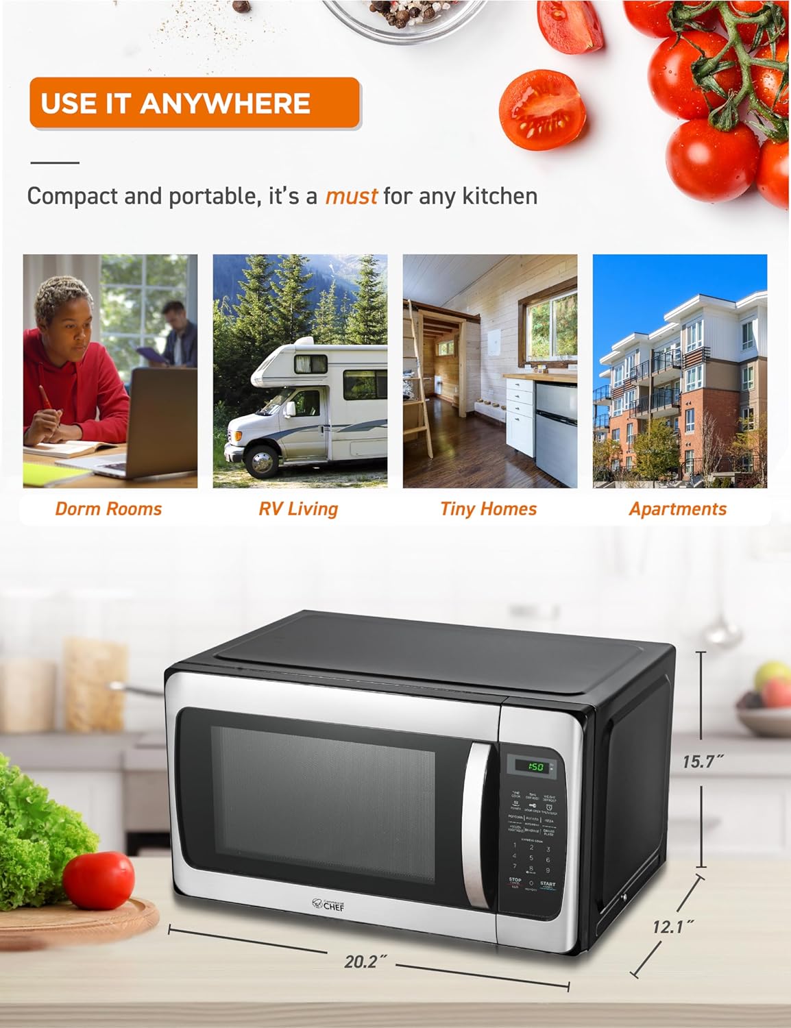 COMMERCIAL CHEF 1.1 Cu Ft Microwave with 10 Power Levels, Microwave 1000W with Push Button Door Lock, Countertop Microwave with Microwave Turntable and Digital Controls, Stainless Steel