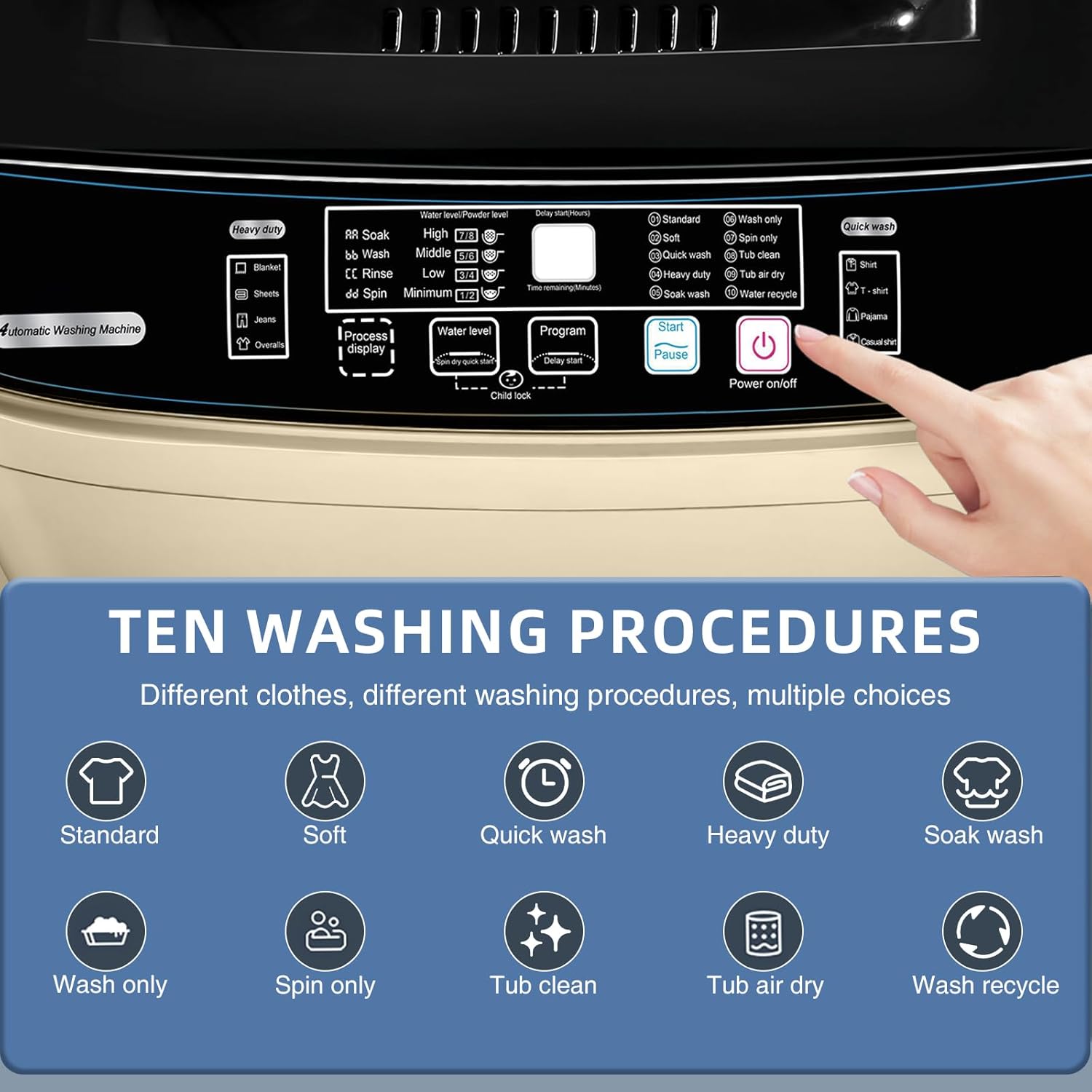 15.6lbs Full-Automatic Washing Machine, Portable Compact Laundry Washer with Drain Pump, 10 Programs 8 Water Levels with LED Display for RV, Camping, Apartment, Dorm, GOLD