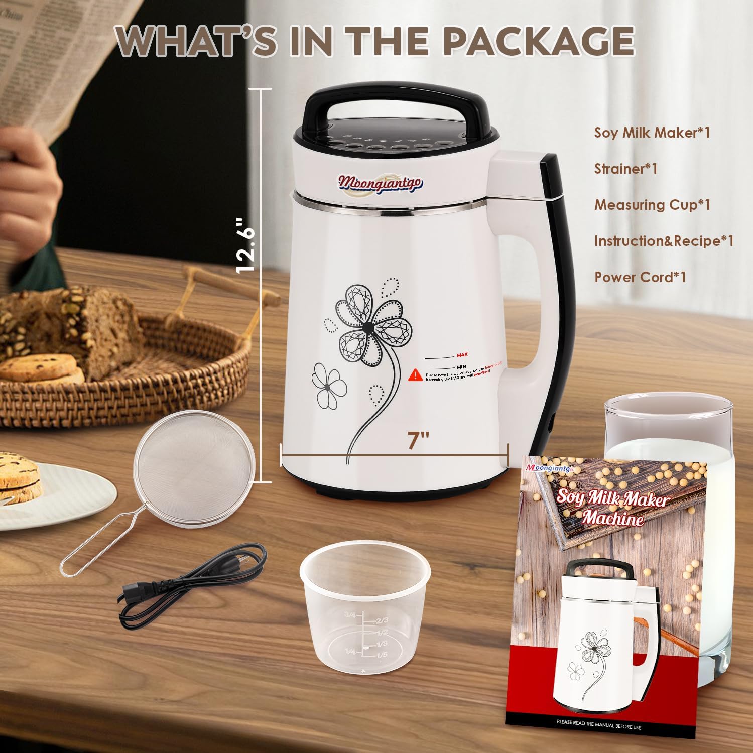 Moongiantgo Automatic Soy Milk Maker 37.2oz 1100ml, 8 in 1 Nut Milk Maker with Self-Cleaning/Boil Water/Recipe, Homemade Almond Milk Machine, Plant Based Milk, Juice Beverages Maker, 110V