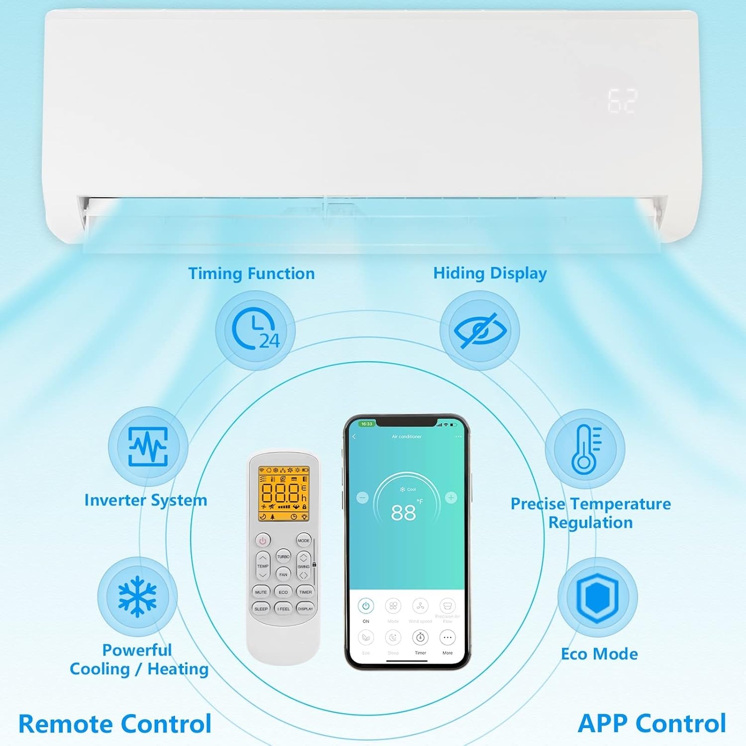 9,000 BTU Wifi Enabled Mini Split AC/Heating System with Inverter, 19 SEER 115V Energy Saving Ductless Split-System Air Conditioner with Pre-Charged Condenser, Heat Pump & Installation Kit