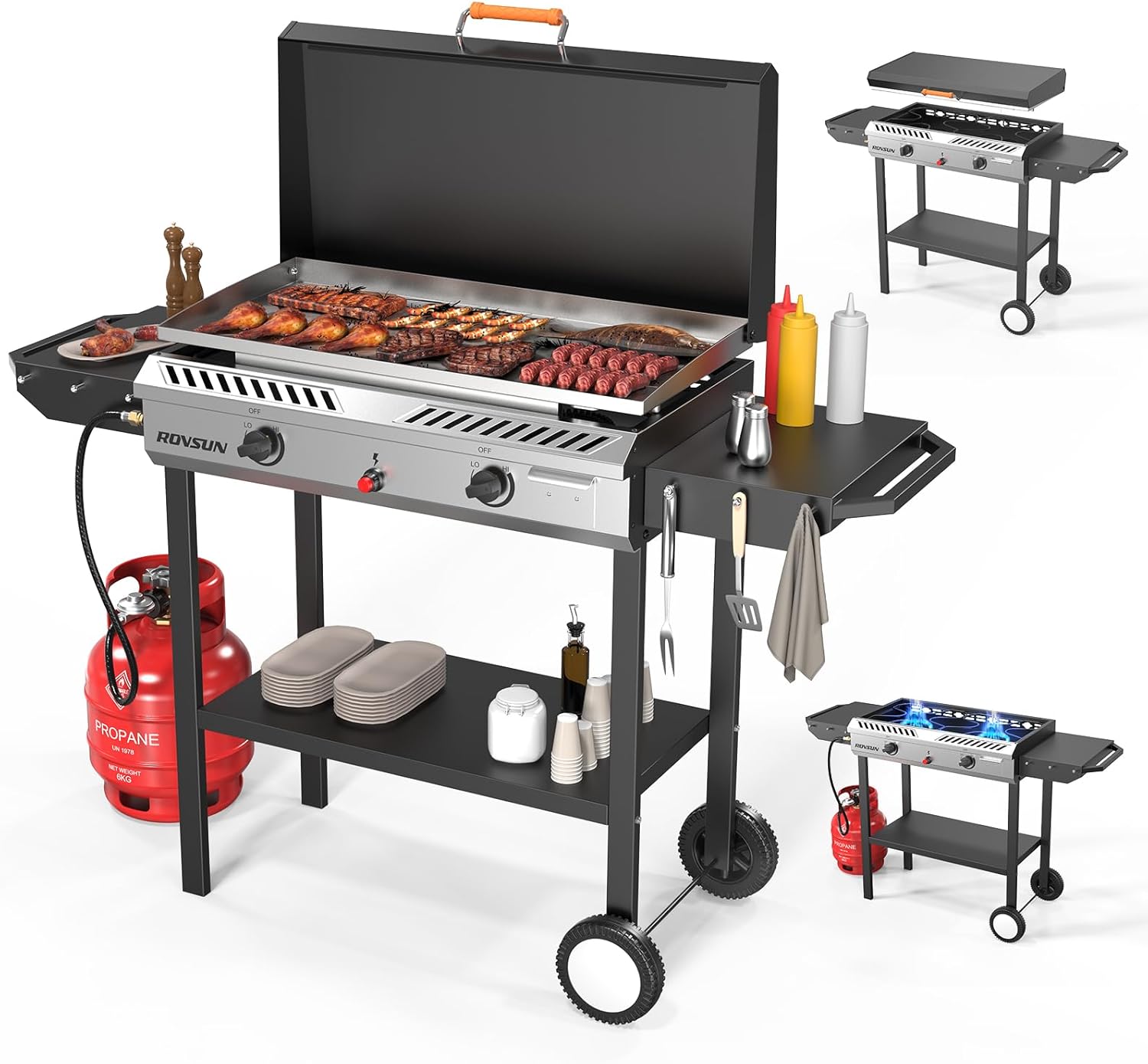 ROVSUN 2-in-1 Propane Stove & 30'' Griddle Combo with Ignition, 2 Burner 150,000 BTU Gas Stove & Grill with Side Shelves, Rolling Wheel & Regulator for Home Outdoor Backyard Camping Cooking Grilling