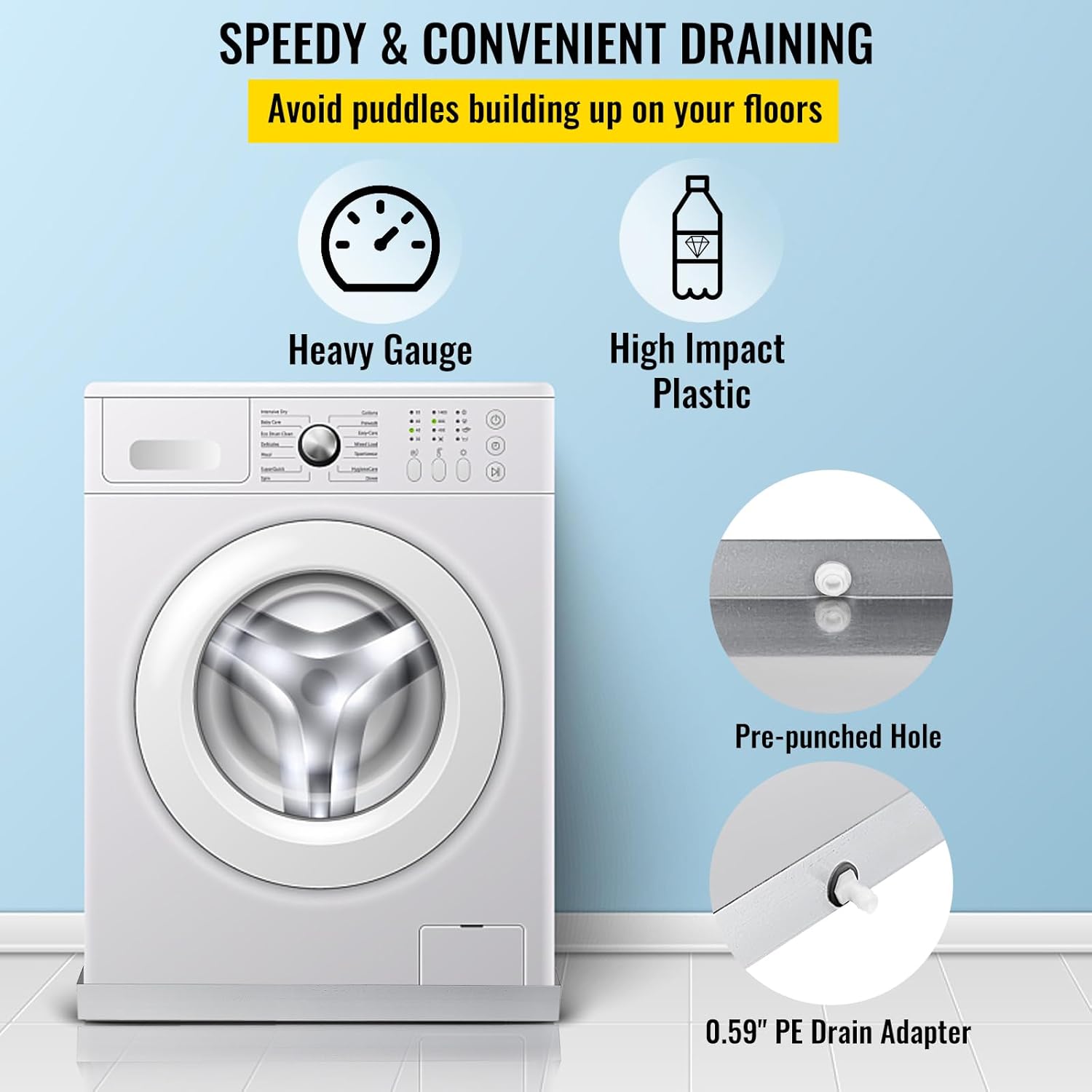 VEVOR 27 x 25 x 2.5 Inch Washing Machine Pan 304 Stainless Steel Washing Machine Drain Pan 18 GA Thickness Heavy Duty Compact Washer Drip Tray with Drain Hole & Hose Adapter