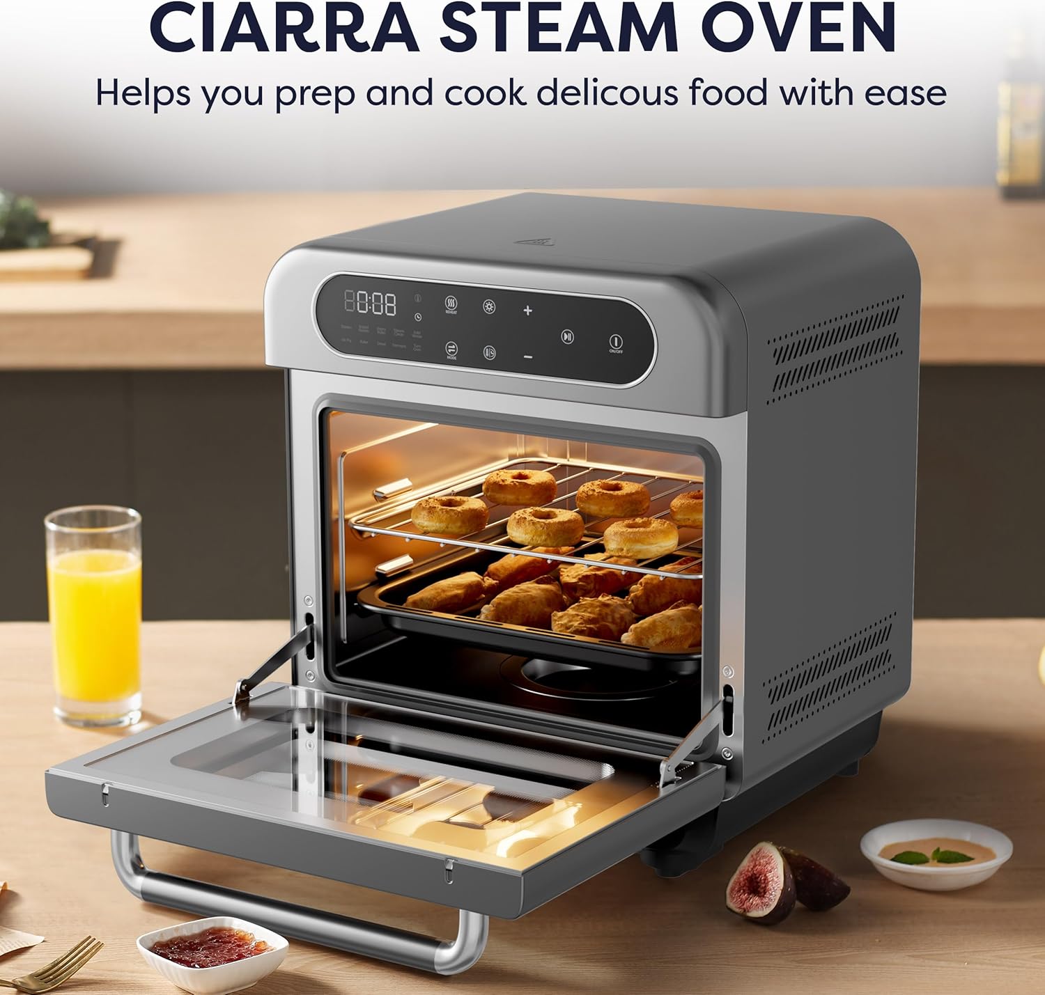 CIARRA 8-in-1 Steam Oven Countertop with Air Fryer, 13QT Mini Convection Toaster Oven with Steam, Rapid Steam, Air Fry, Vapor Bake, Steam Clean, Bake, Dried, Ferment, Grey