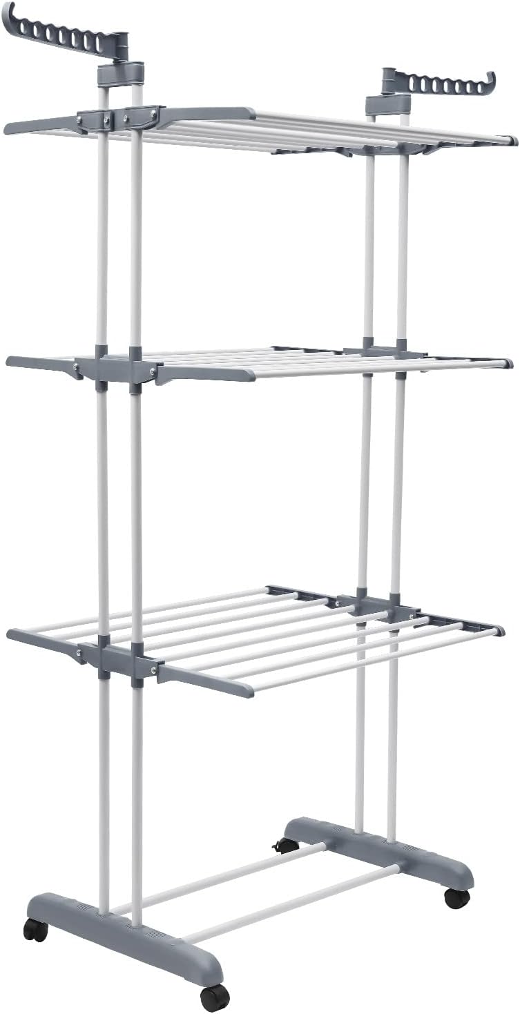 Clothes Drying Rack, Multifunctional Stainless Steel Folding Clothes Drying Rack, 4-Tier Metal Laundry Garment Dryer Stand for Bedroom, Lofts, Balconies, Patios (Gray)