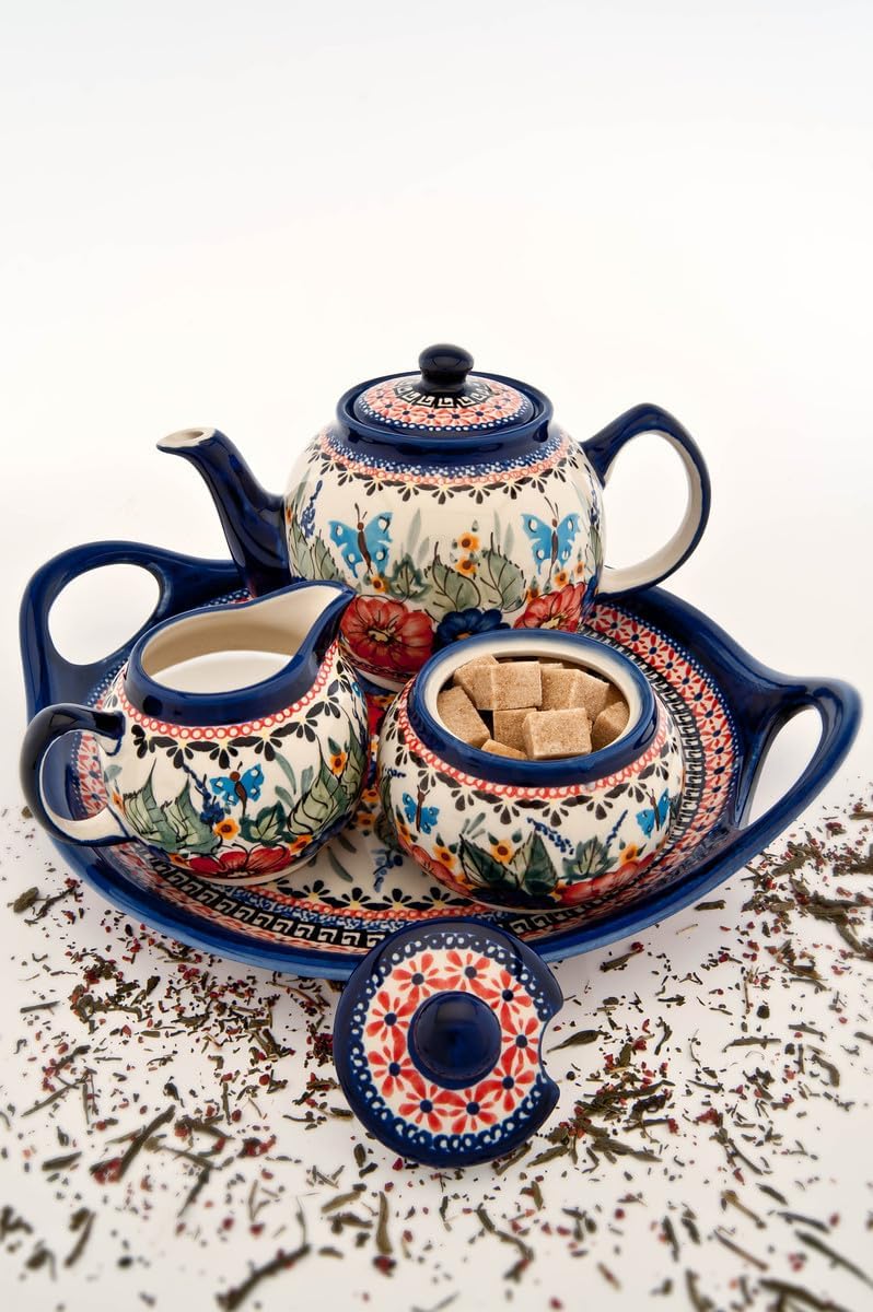 Blue Rose Polish Pottery - Red Floral Butterfly Medium Teapot - 4 Cup Capacity - Hand-Painted Polish Pottery Ceramic Coffee & Tea Server