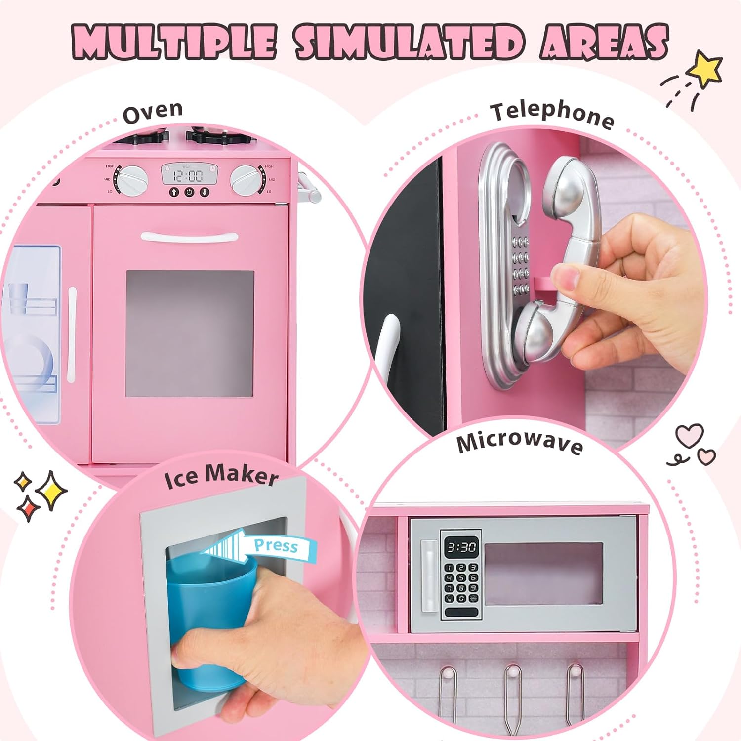 Costzon Kids Kitchen Playset, Wooden Pretend Cooking Toy Set w/Realistic Sound, Large Blackboard, Telephone, Microwave, Ice Maker, Dishwasher, Oven, Storage Space, Play Kitchen for Kids Ages 3+ (Pink)