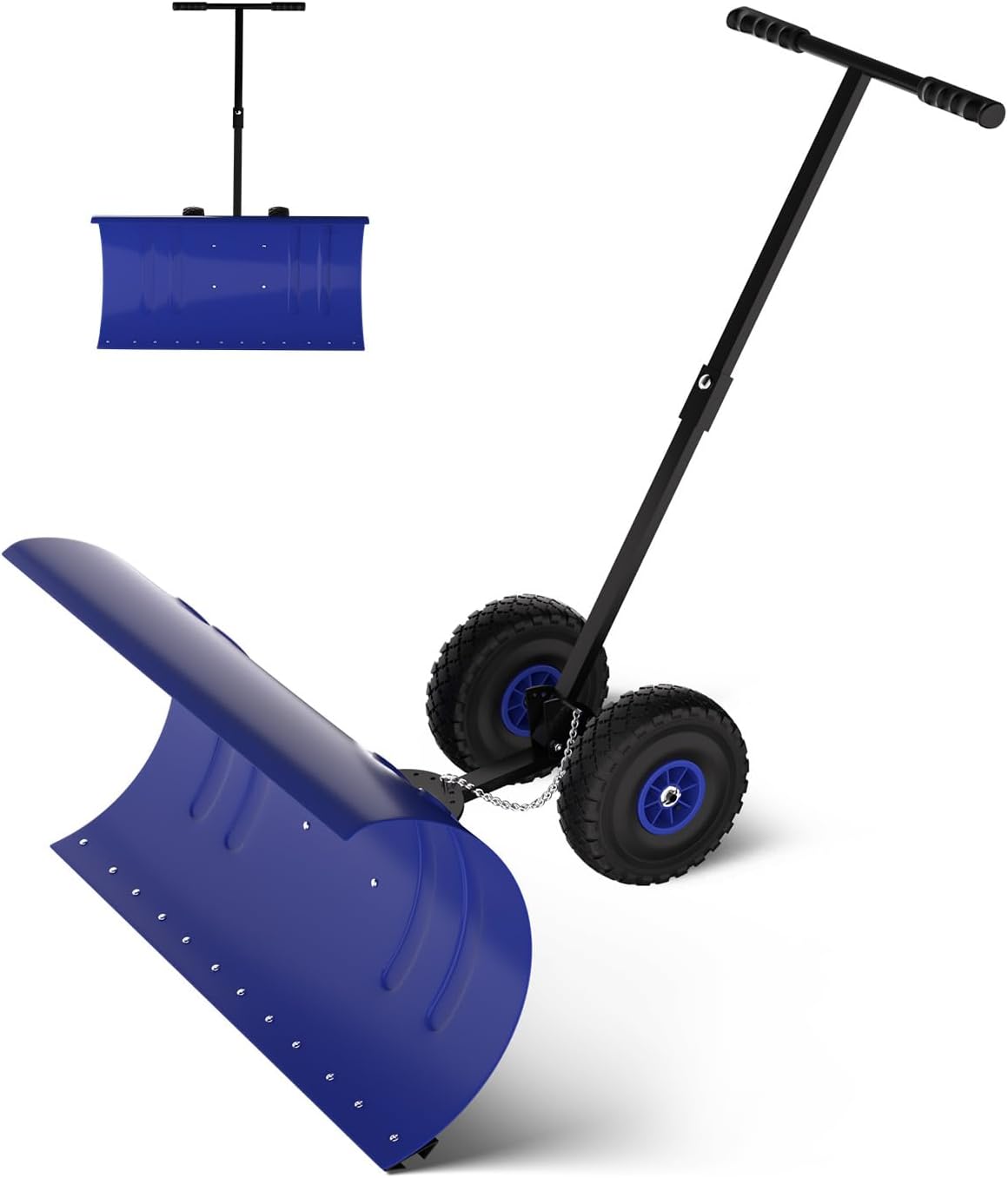 36 Inch Wide Snow Pusher with Wheels for Driveway, Heavy Duty Steel Blade, 5-Position Angle Adjustment & 60° Tilt Handle, Push Snow Shovel with Ground Protection, Ergonomic Design for Effortless Snow